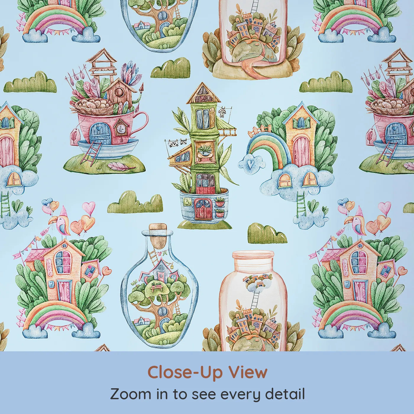 Close-up view of Whimsy Tots' Whimsy Village Dreams Wallpaper in Blue (W3386E).Magical house-filled skies stretch across a soft blue dreamscape.