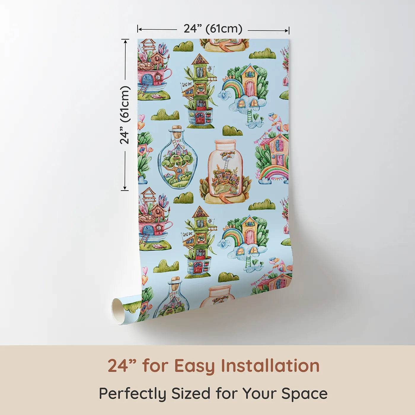 Dimension view of Whimsy Tots Whimsy Village Dreams Wallpaper in Blue (W3386E). Printed in 24-inch-wide panel for easy installation. Magical house-filled skies stretch across a soft blue dreamscape.