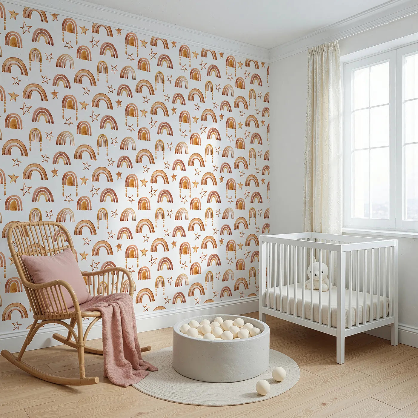 Angled view of Whimsy Tots' Golden Boho Rainbows Wallpaper in White (W3387A).Watercolor rainbows and golden stars dance across a soft white sky.