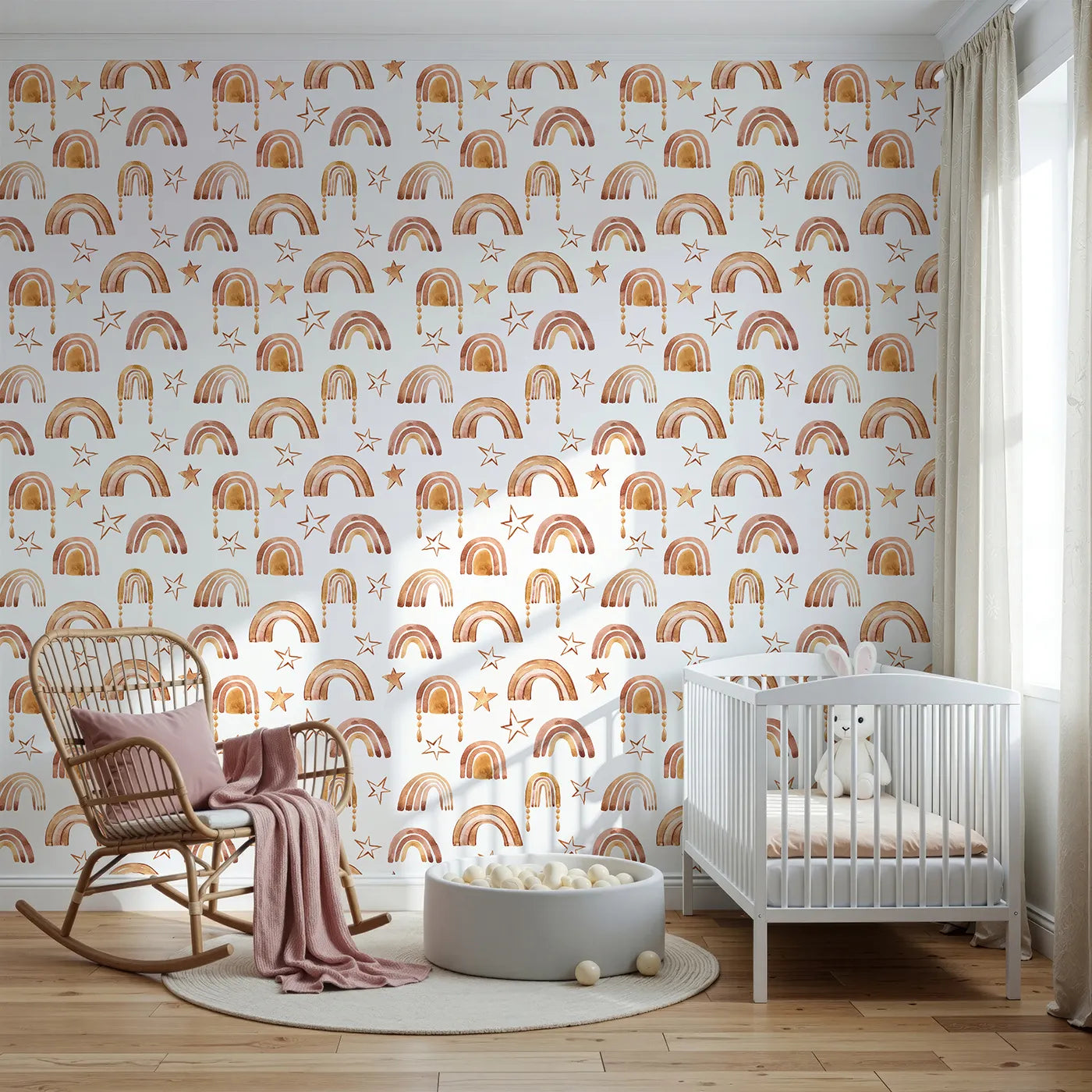 Front view of Whimsy Tots' Golden Boho Rainbows Wallpaper in White