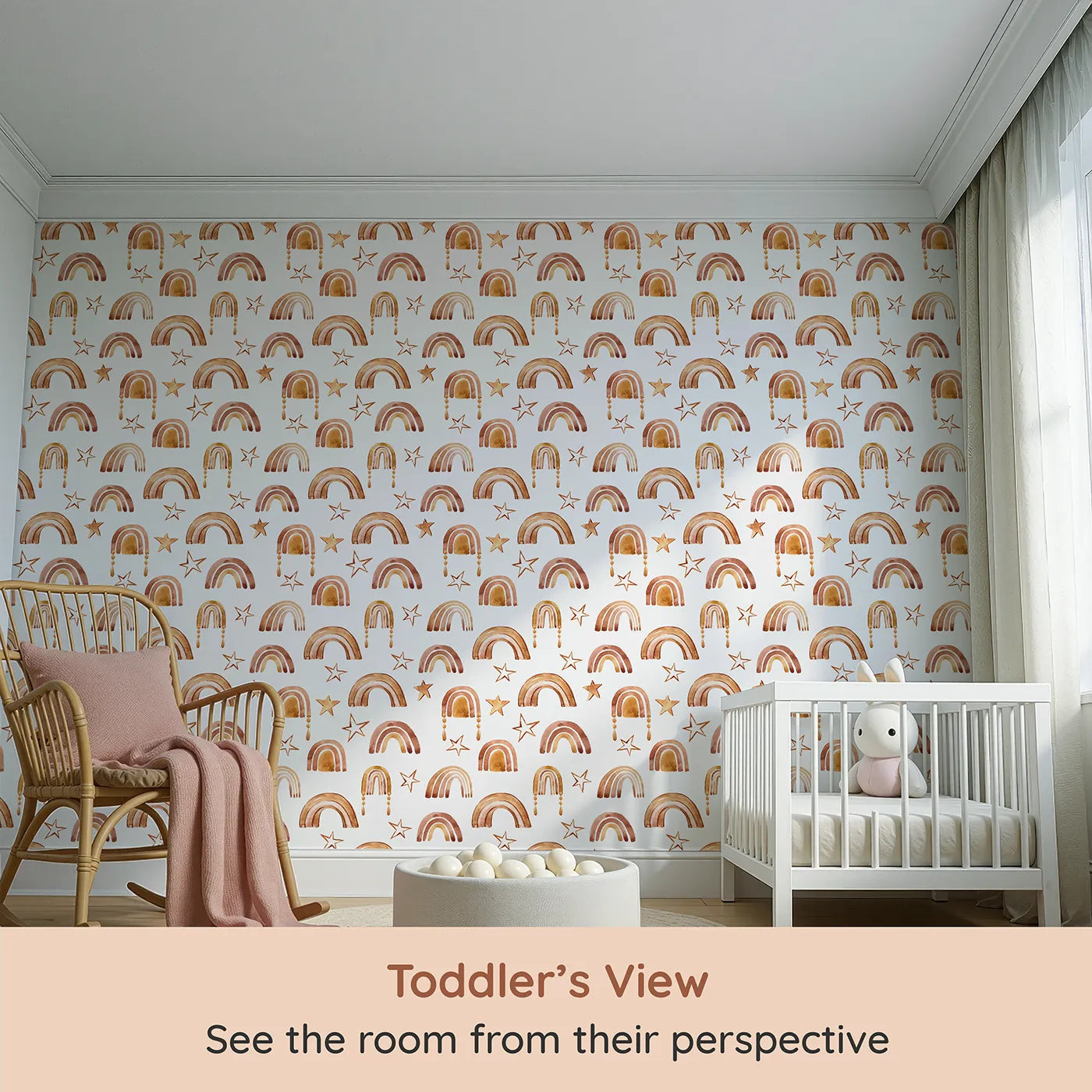 Whimsy Tots Golden Boho Rainbows Wallpaper in White (W3387A) from your child's view.Watercolor rainbows and golden stars dance across a soft white sky.