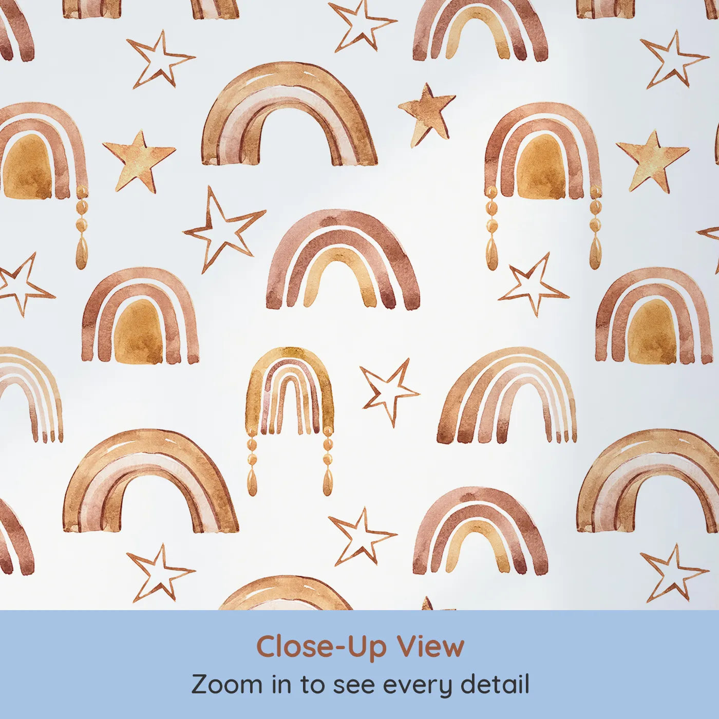 Close-up view of Whimsy Tots' Golden Boho Rainbows Wallpaper in White (W3387A).Watercolor rainbows and golden stars dance across a soft white sky.