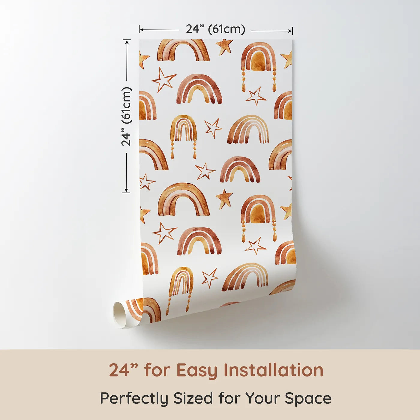 Dimension view of Whimsy Tots Golden Boho Rainbows Wallpaper in White (W3387A). Printed in 24-inch-wide panel for easy installation. Watercolor rainbows and golden stars dance across a soft white sky.