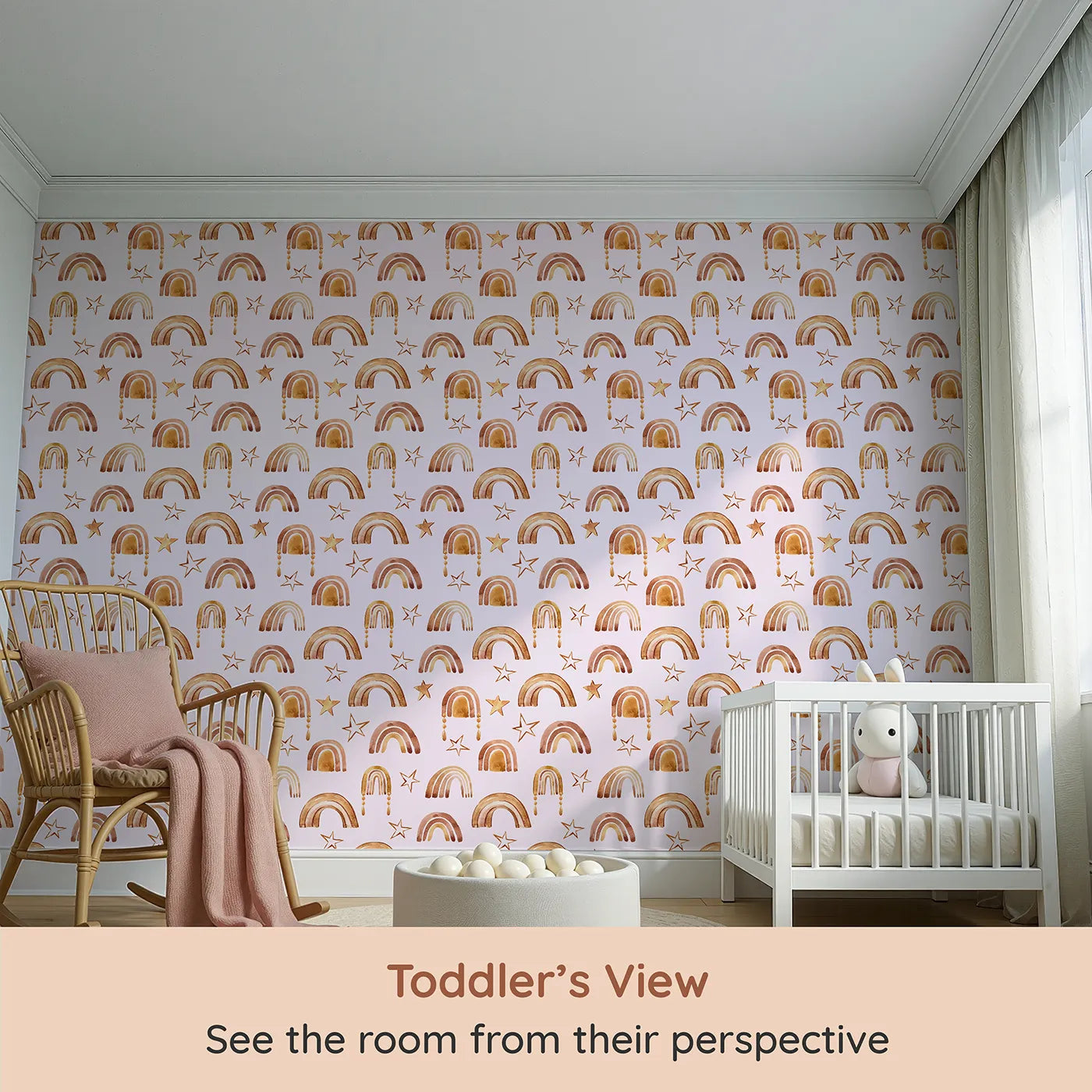 Whimsy Tots Golden Boho Rainbows Wallpaper in Blush (W3387B) from your child's view.Warm-toned arches and golden stars shimmer on a gentle blush sky.