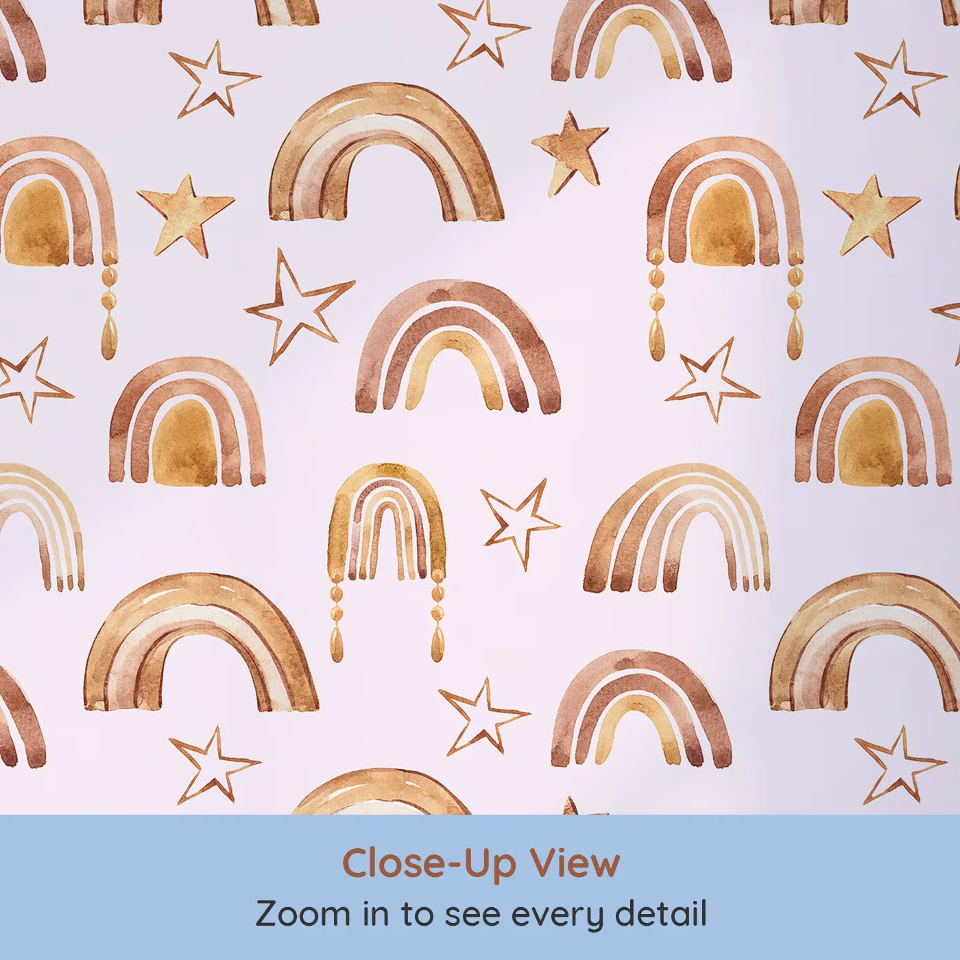 Close-up view of Whimsy Tots' Golden Boho Rainbows Wallpaper in Blush (W3387B).Warm-toned arches and golden stars shimmer on a gentle blush sky.