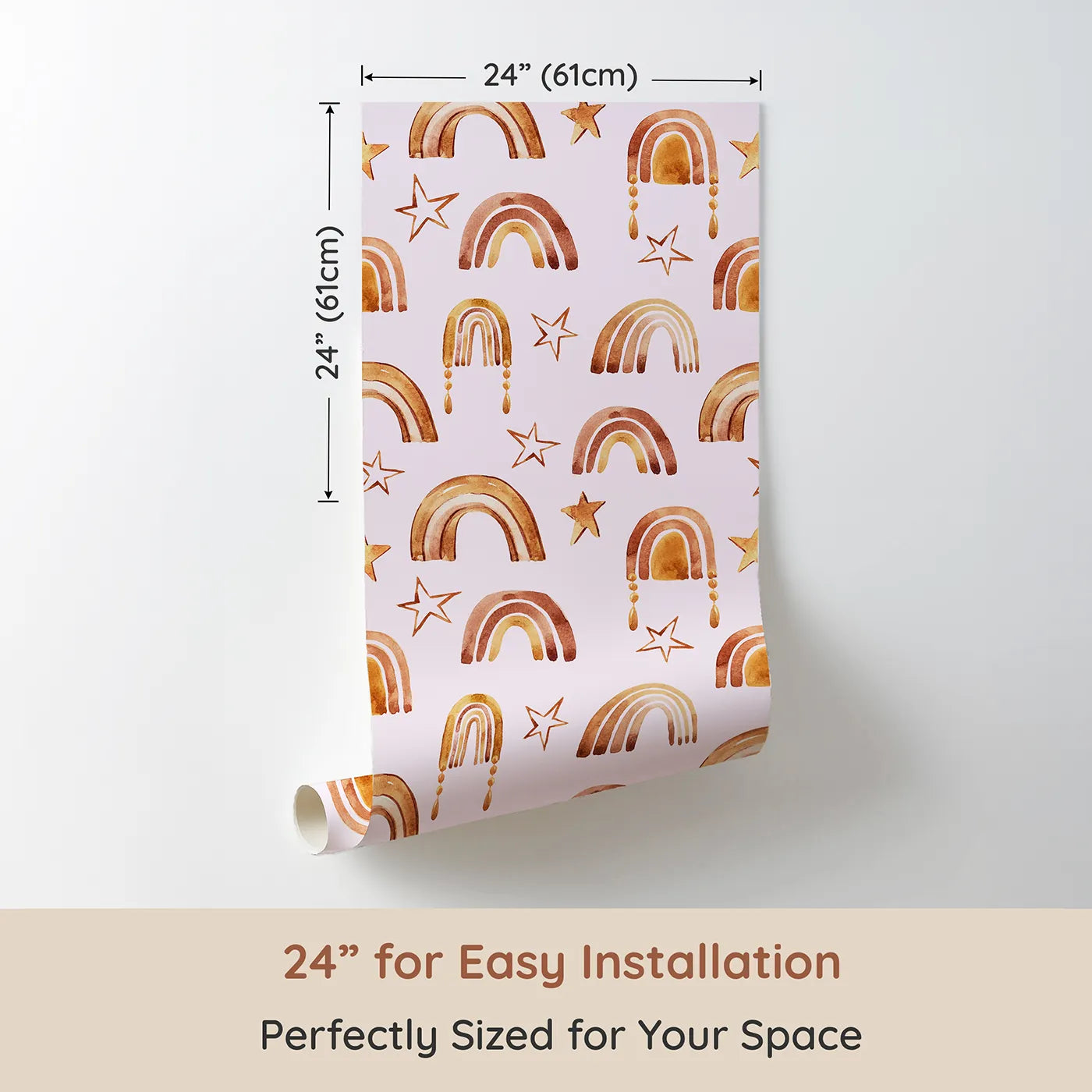 Dimension view of Whimsy Tots Golden Boho Rainbows Wallpaper in Blush (W3387B). Printed in 24-inch-wide panel for easy installation. Warm-toned arches and golden stars shimmer on a gentle blush sky.