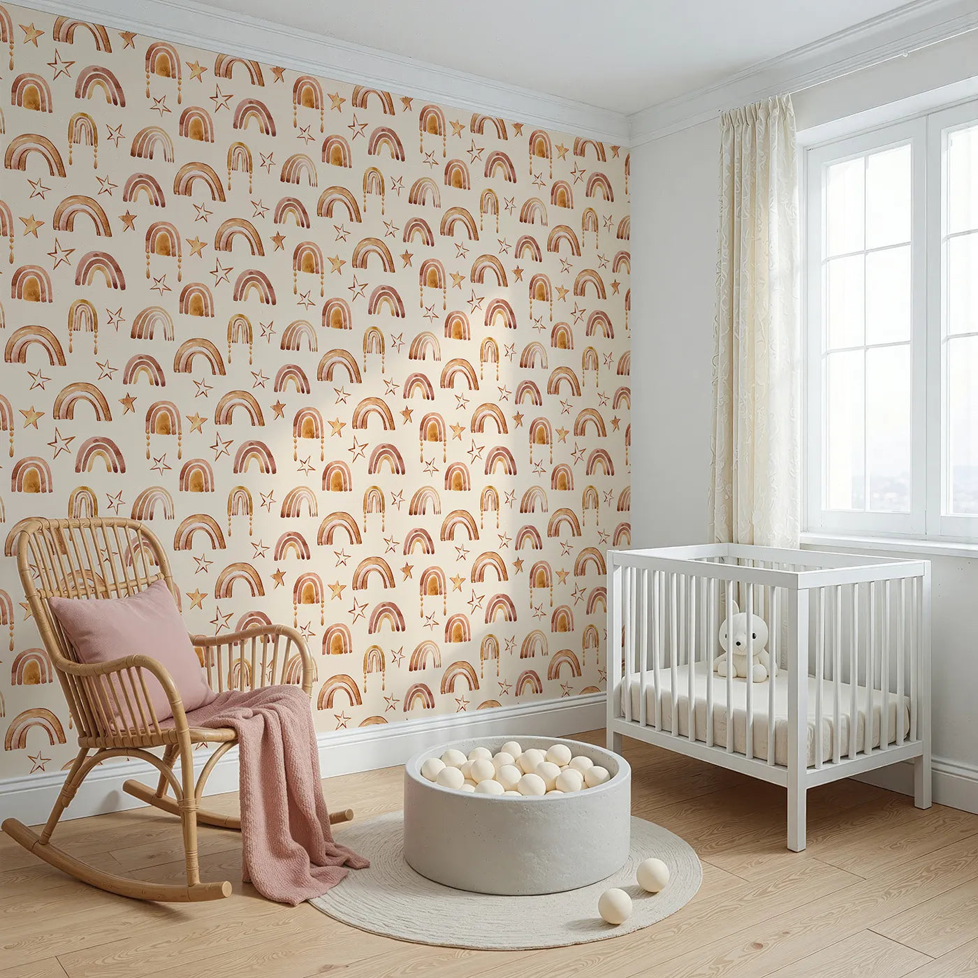 Angled view of Whimsy Tots' Golden Boho Rainbows Wallpaper in Beige (W3387C).Boho arches and watercolor stars shine across a warm beige sky.
