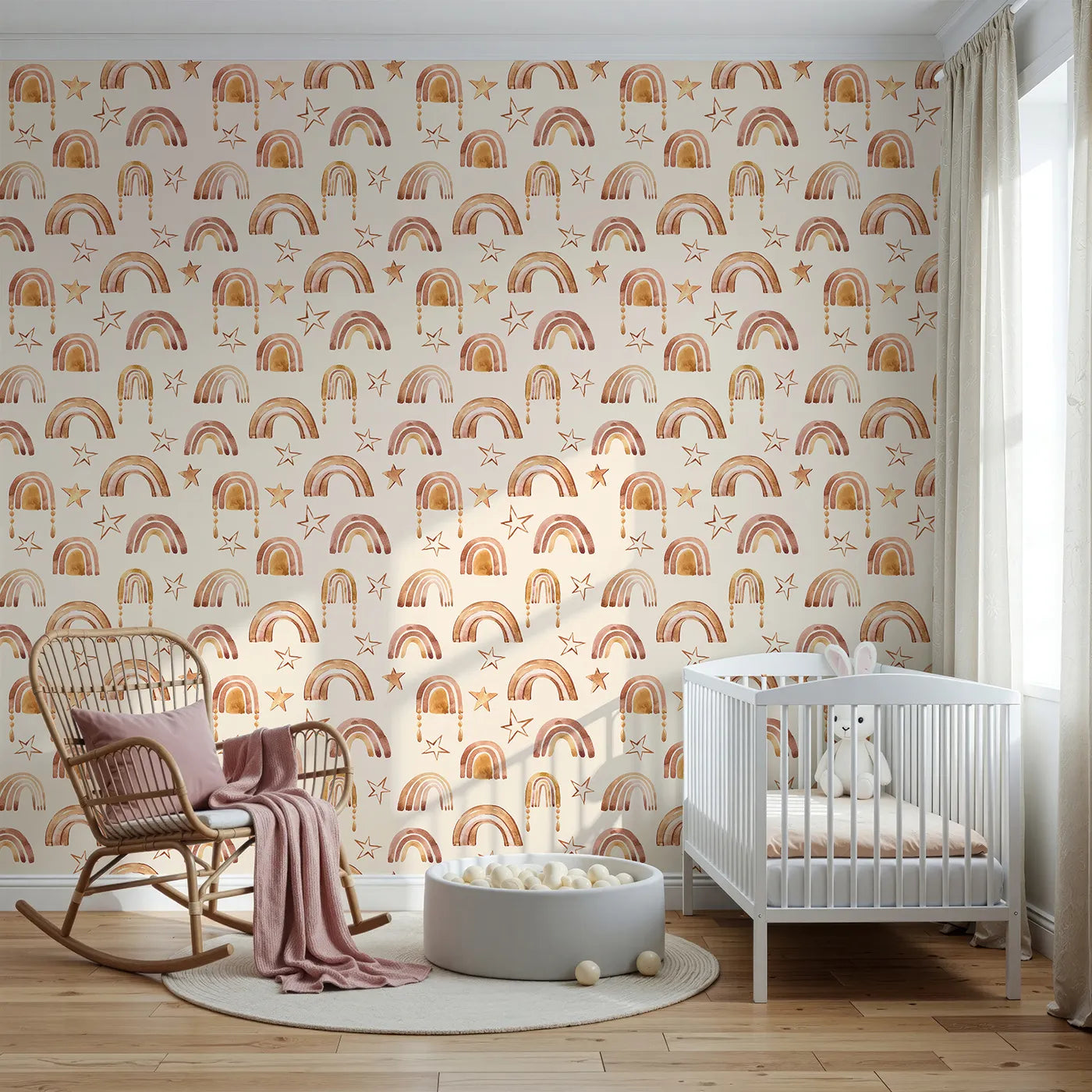 Front view of Whimsy Tots' Golden Boho Rainbows Wallpaper in Beige