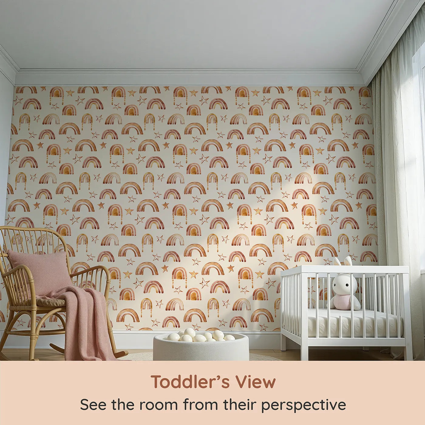 Whimsy Tots Golden Boho Rainbows Wallpaper in Beige (W3387C) from your child's view.Boho arches and watercolor stars shine across a warm beige sky.