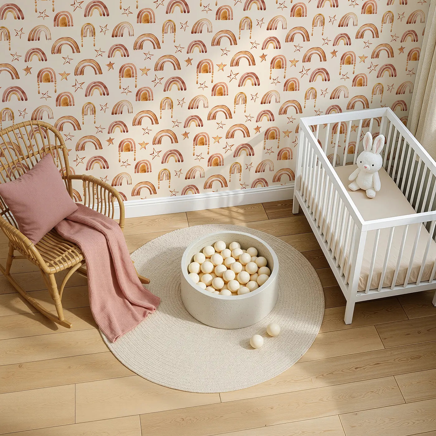 Top-Down view of Whimsy Tots' Golden Boho Rainbows Wallpaper in Beige (W3387C).Boho arches and watercolor stars shine across a warm beige sky.