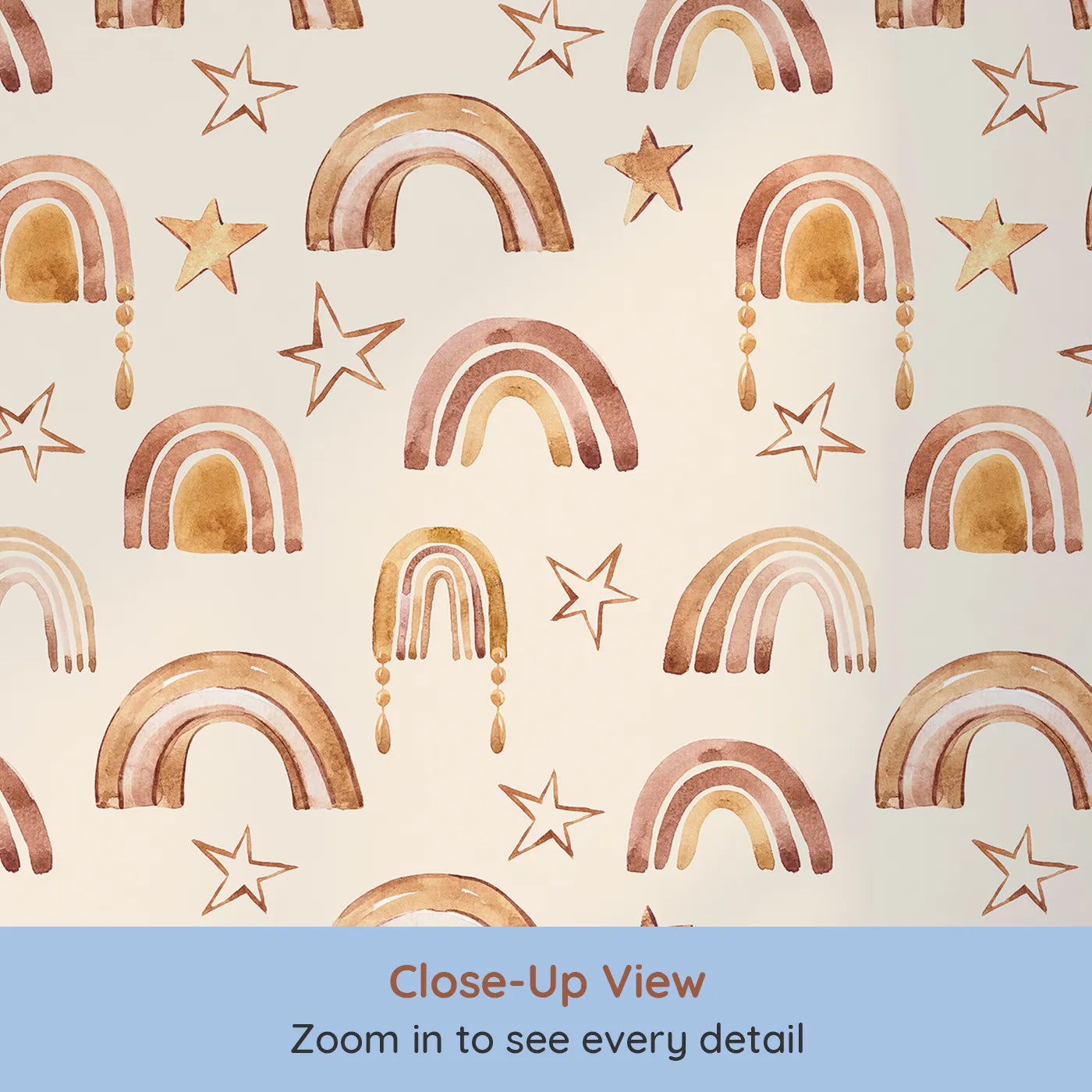 Close-up view of Whimsy Tots' Golden Boho Rainbows Wallpaper in Beige (W3387C).Boho arches and watercolor stars shine across a warm beige sky.