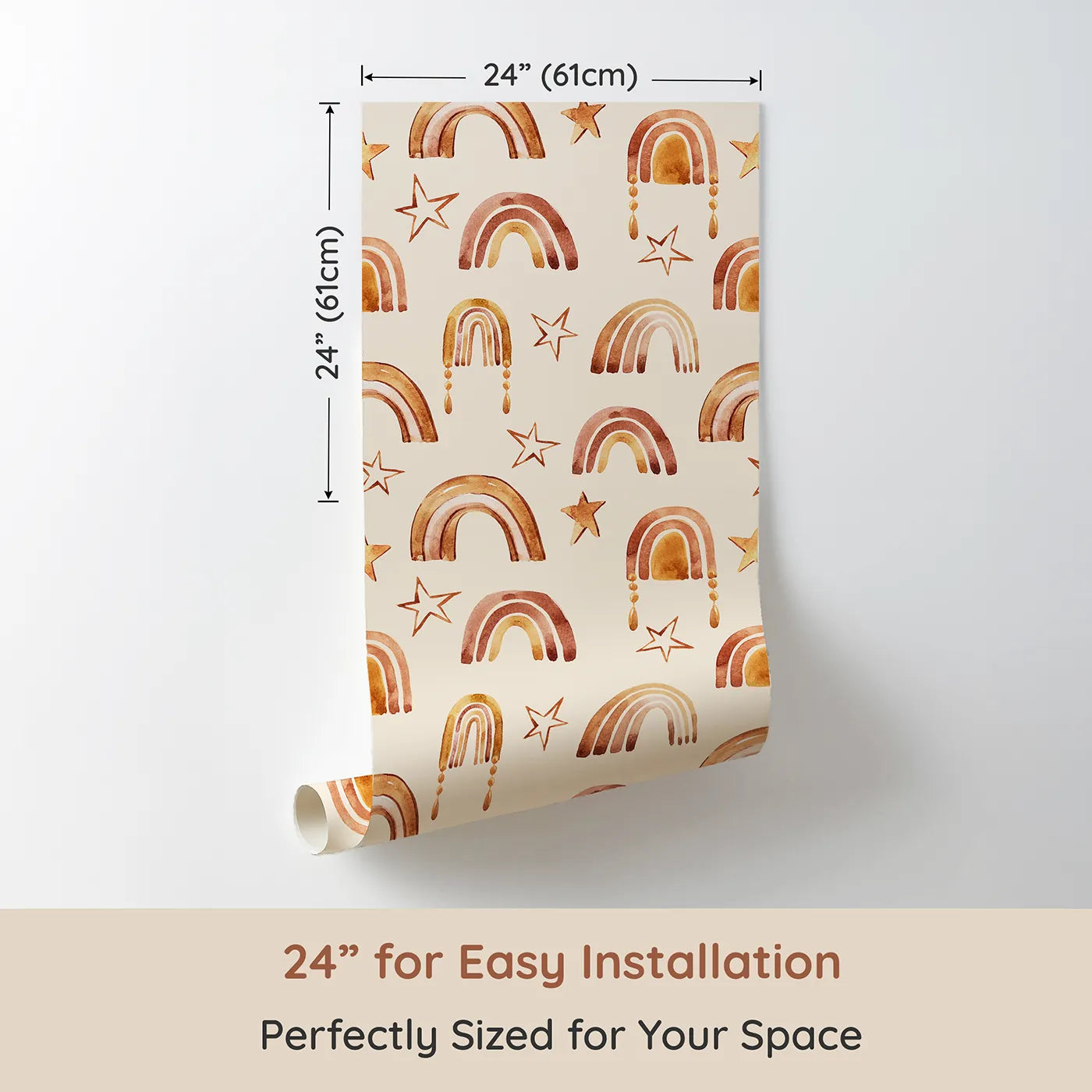 Dimension view of Whimsy Tots Golden Boho Rainbows Wallpaper in Beige (W3387C). Printed in 24-inch-wide panel for easy installation. Boho arches and watercolor stars shine across a warm beige sky.