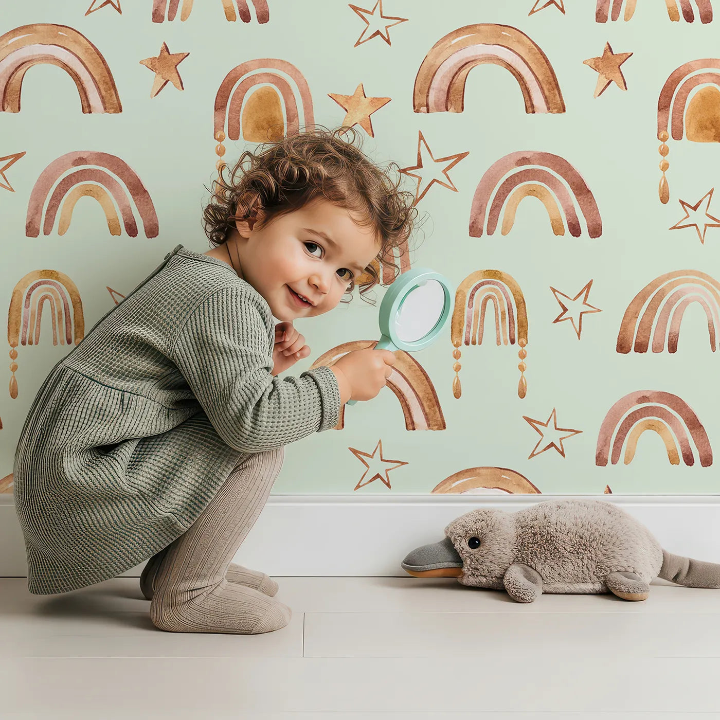 Lovely child standing in front of Whimsy Tots Golden Boho Rainbows Wallpaper in Mint with rainbow, star in design.