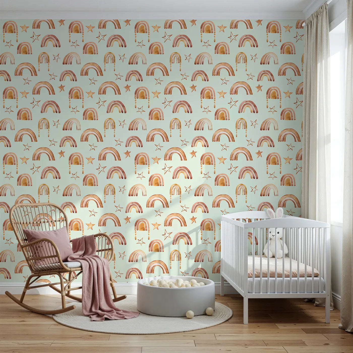Front view of Whimsy Tots' Golden Boho Rainbows Wallpaper in Mint