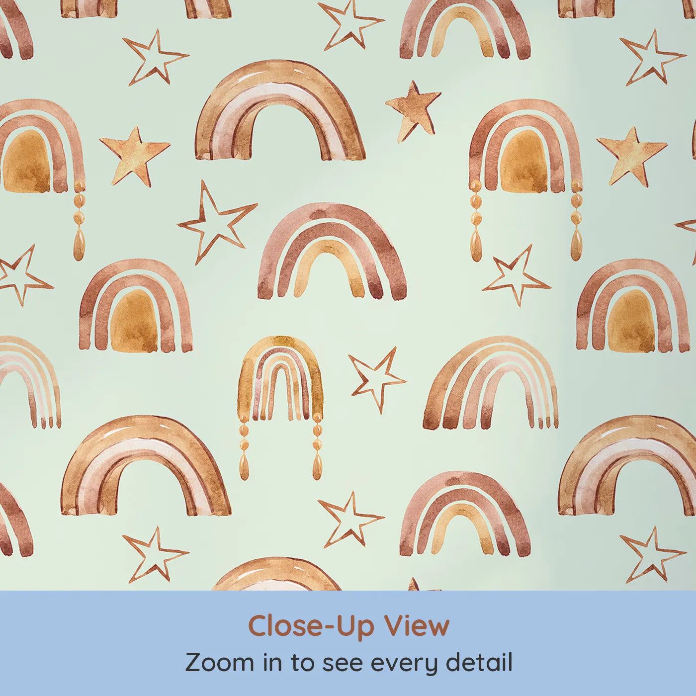 Close-up view of Whimsy Tots' Golden Boho Rainbows Wallpaper in Mint (W3387D).Rustic arches and soft stars float across a gentle mint sky.