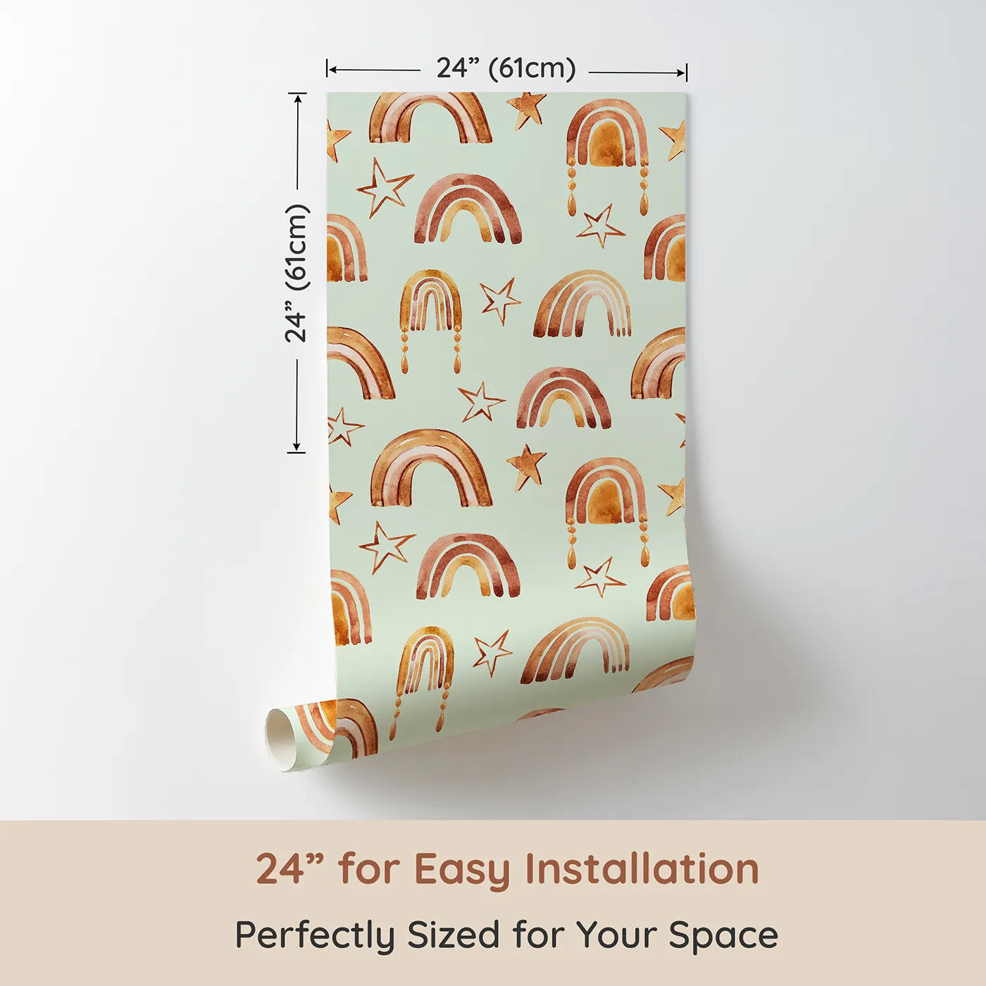 Dimension view of Whimsy Tots Golden Boho Rainbows Wallpaper in Mint (W3387D). Printed in 24-inch-wide panel for easy installation. Rustic arches and soft stars float across a gentle mint sky.