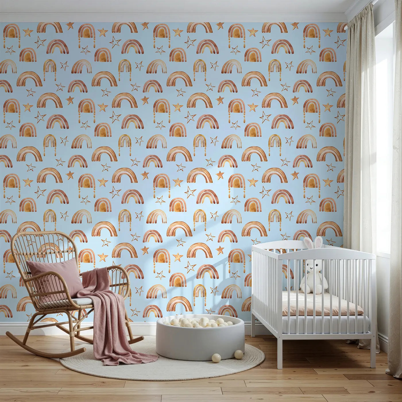 Front view of Whimsy Tots' Golden Boho Rainbows Wallpaper in Blue