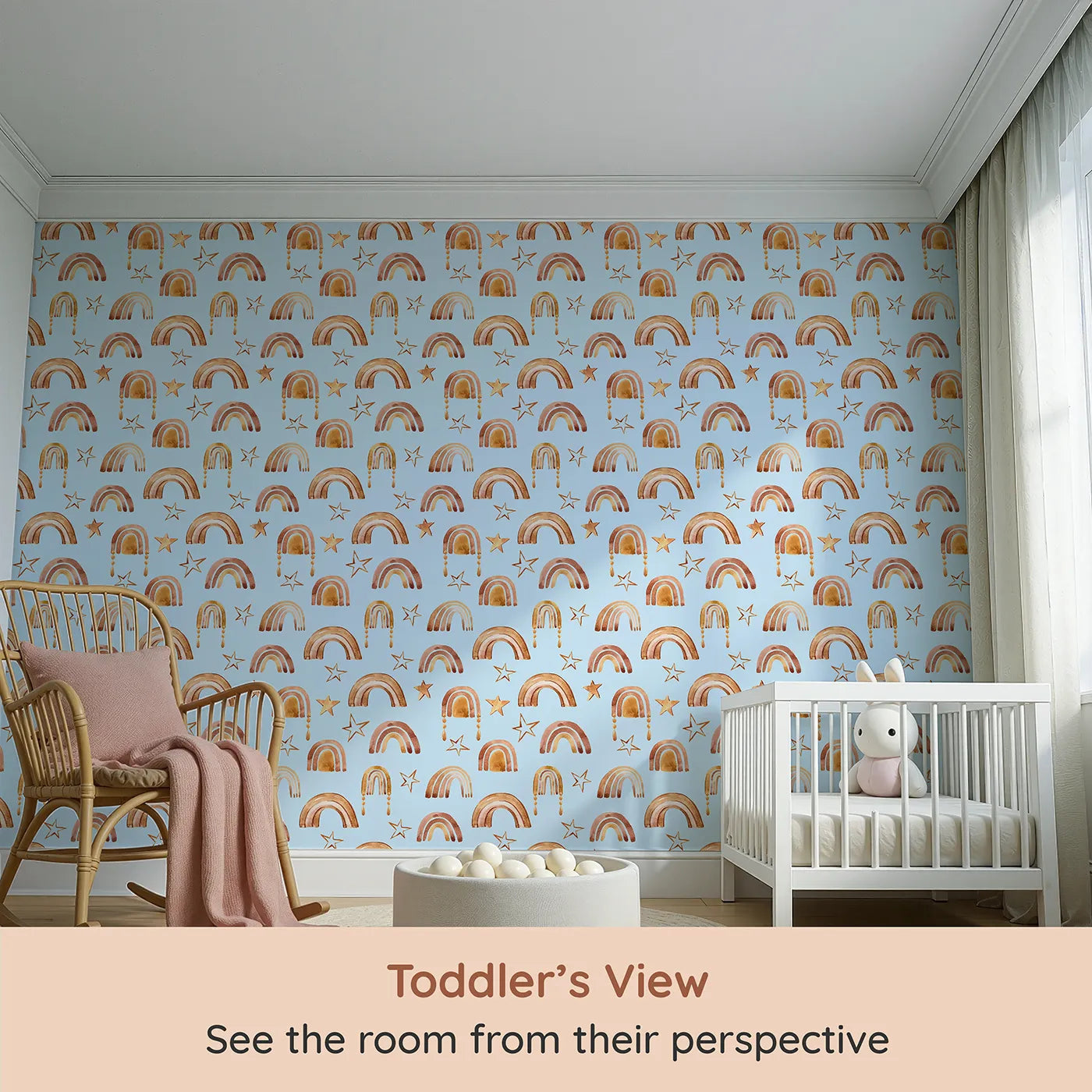 Whimsy Tots Golden Boho Rainbows Wallpaper in Blue (W3387E) from your child's view.Warm rainbows and soft golden stars drift across a baby blue sky.