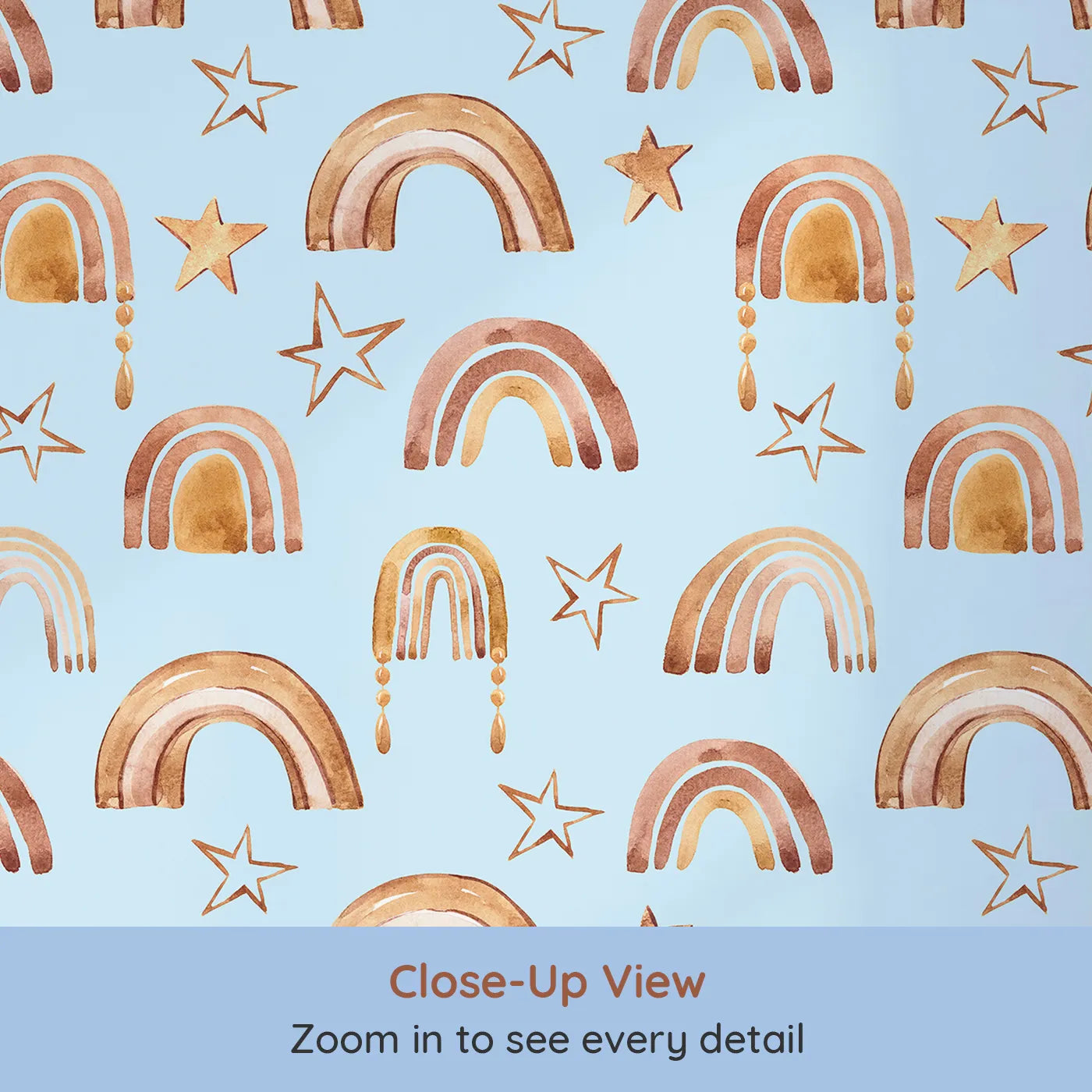 Close-up view of Whimsy Tots' Golden Boho Rainbows Wallpaper in Blue (W3387E).Warm rainbows and soft golden stars drift across a baby blue sky.