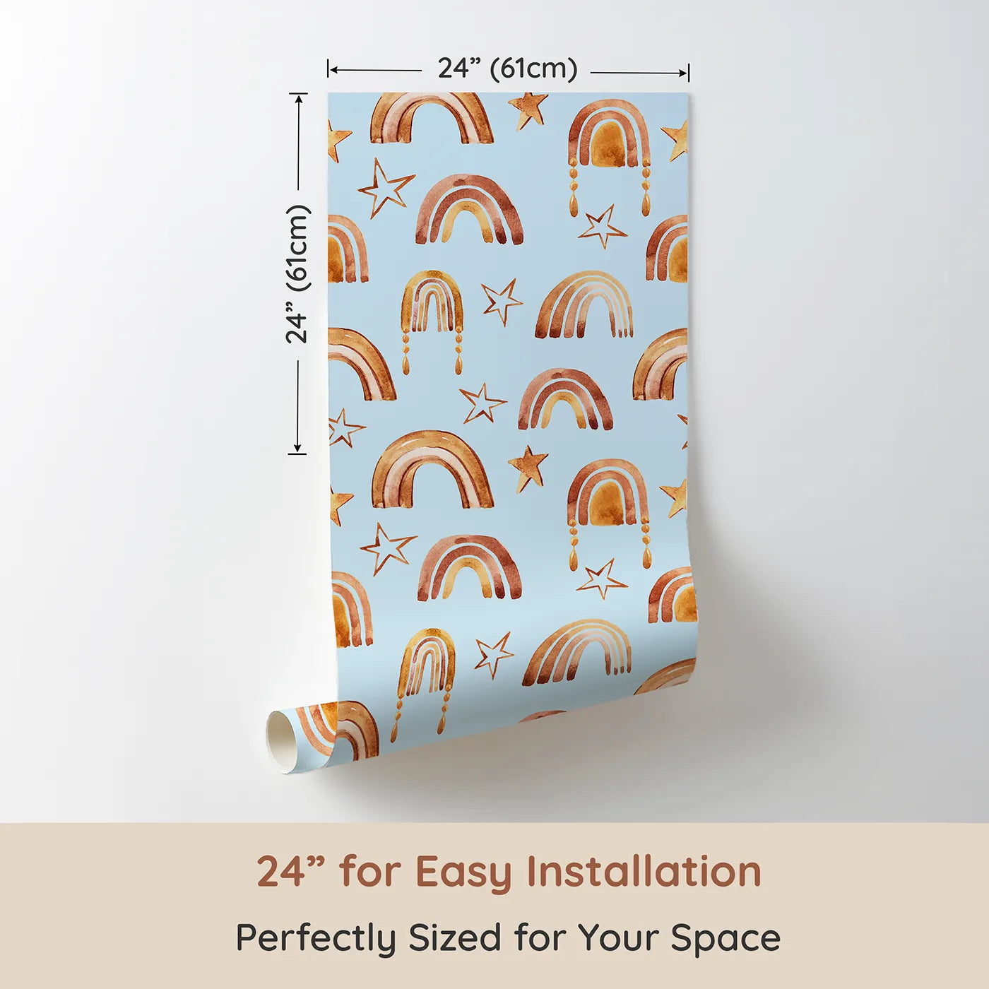 Dimension view of Whimsy Tots Golden Boho Rainbows Wallpaper in Blue (W3387E). Printed in 24-inch-wide panel for easy installation. Warm rainbows and soft golden stars drift across a baby blue sky.