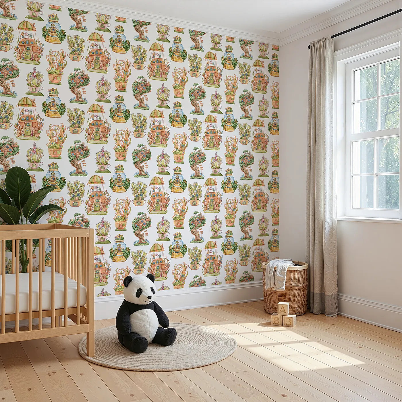 Angled view of Whimsy Tots' Curious Critter Village Wallpaper in White (W3388A).Fantasy homes and curious critters bloom across a bright white sky.