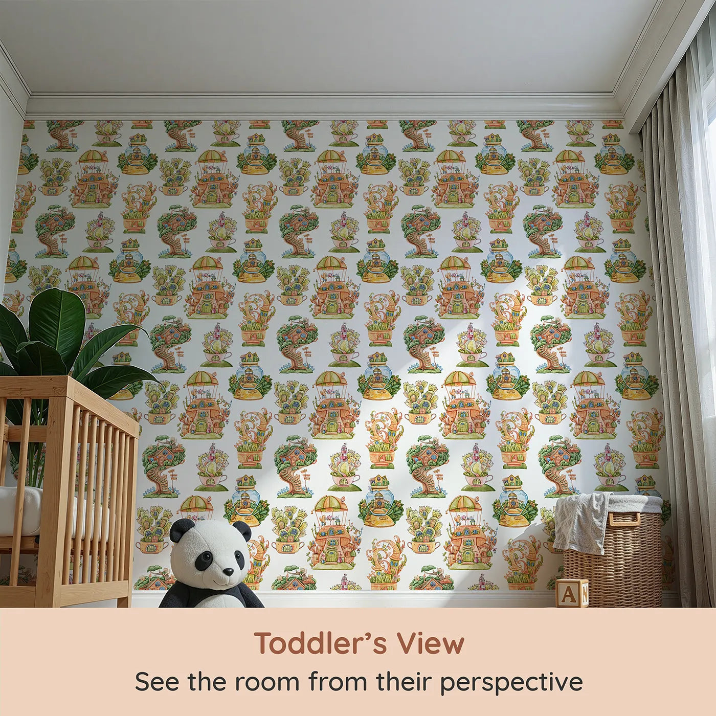 Whimsy Tots Curious Critter Village Wallpaper in White (W3388A) from your child's view.Fantasy homes and curious critters bloom across a bright white sky.