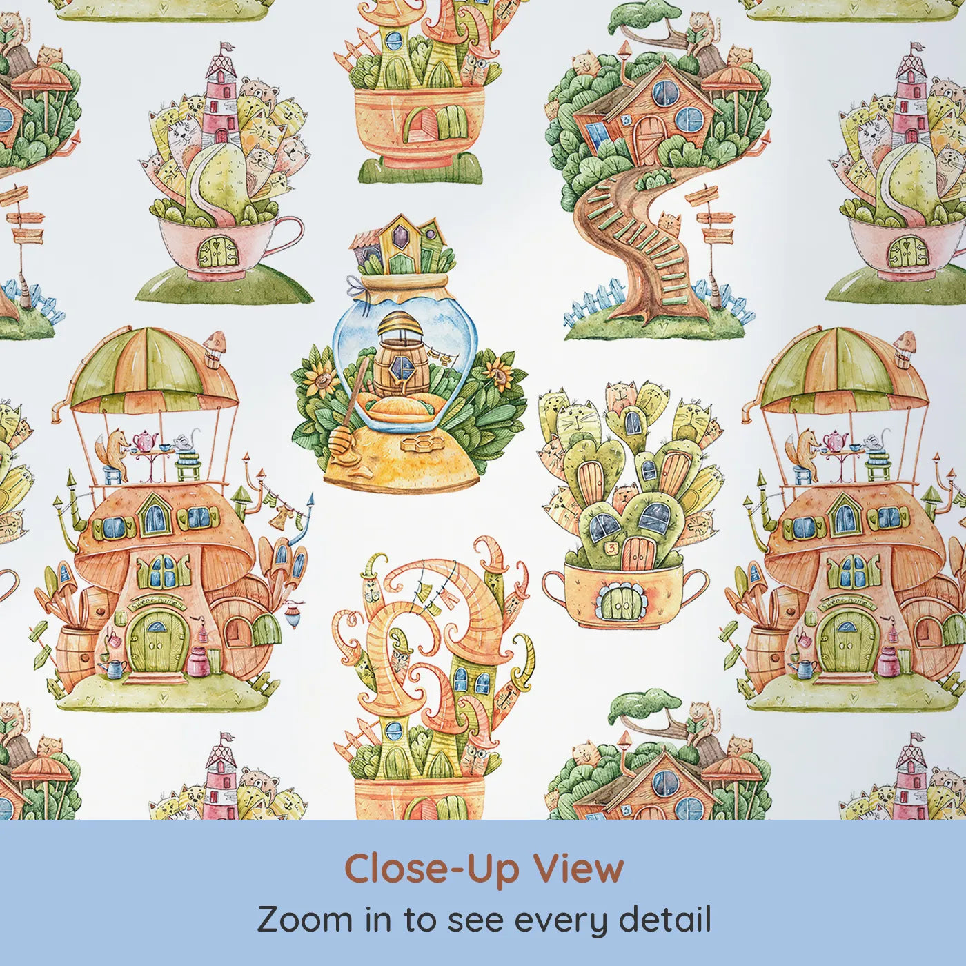 Close-up view of Whimsy Tots' Curious Critter Village Wallpaper in White (W3388A).Fantasy homes and curious critters bloom across a bright white sky.