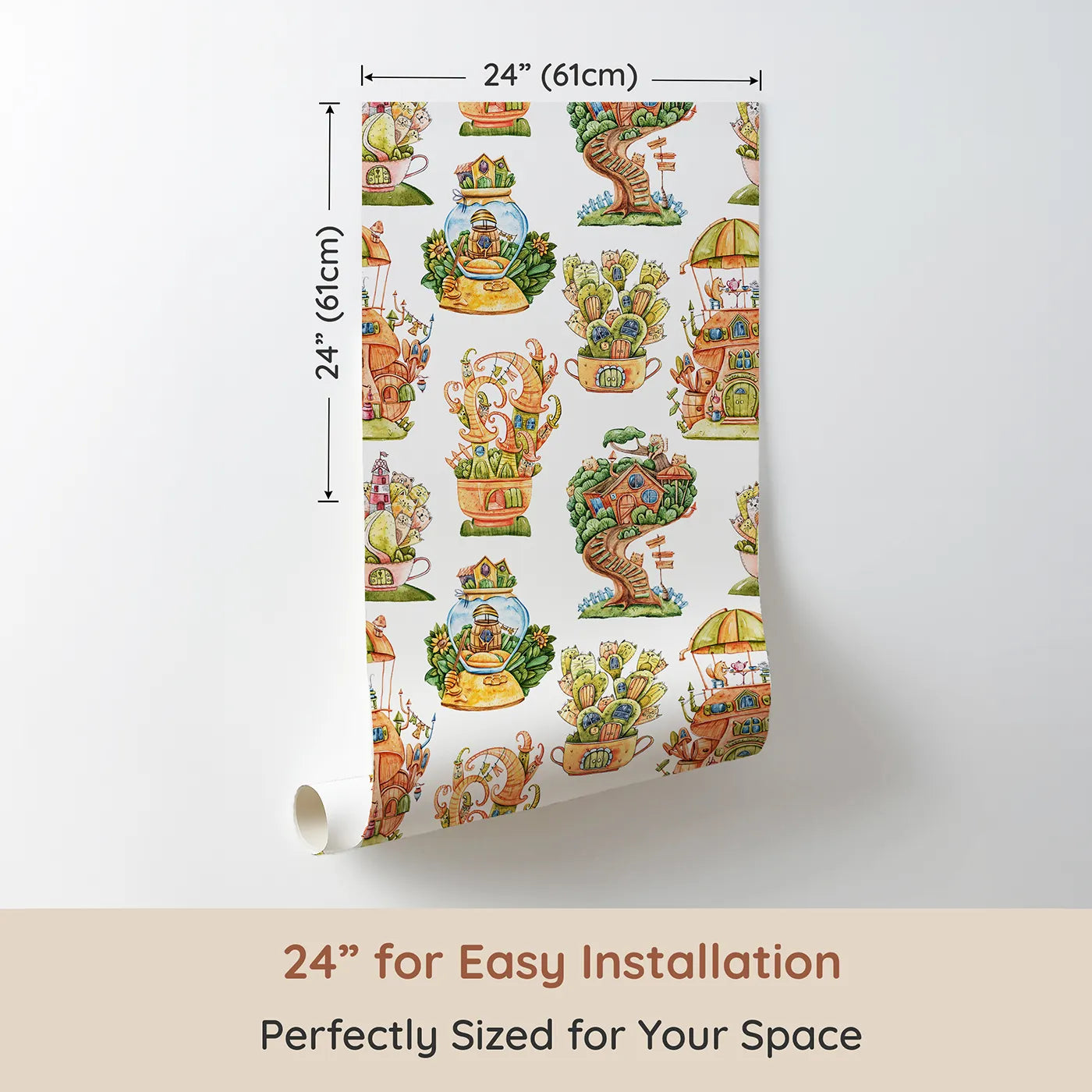 Dimension view of Whimsy Tots Curious Critter Village Wallpaper in White (W3388A). Printed in 24-inch-wide panel for easy installation. Fantasy homes and curious critters bloom across a bright white sky.