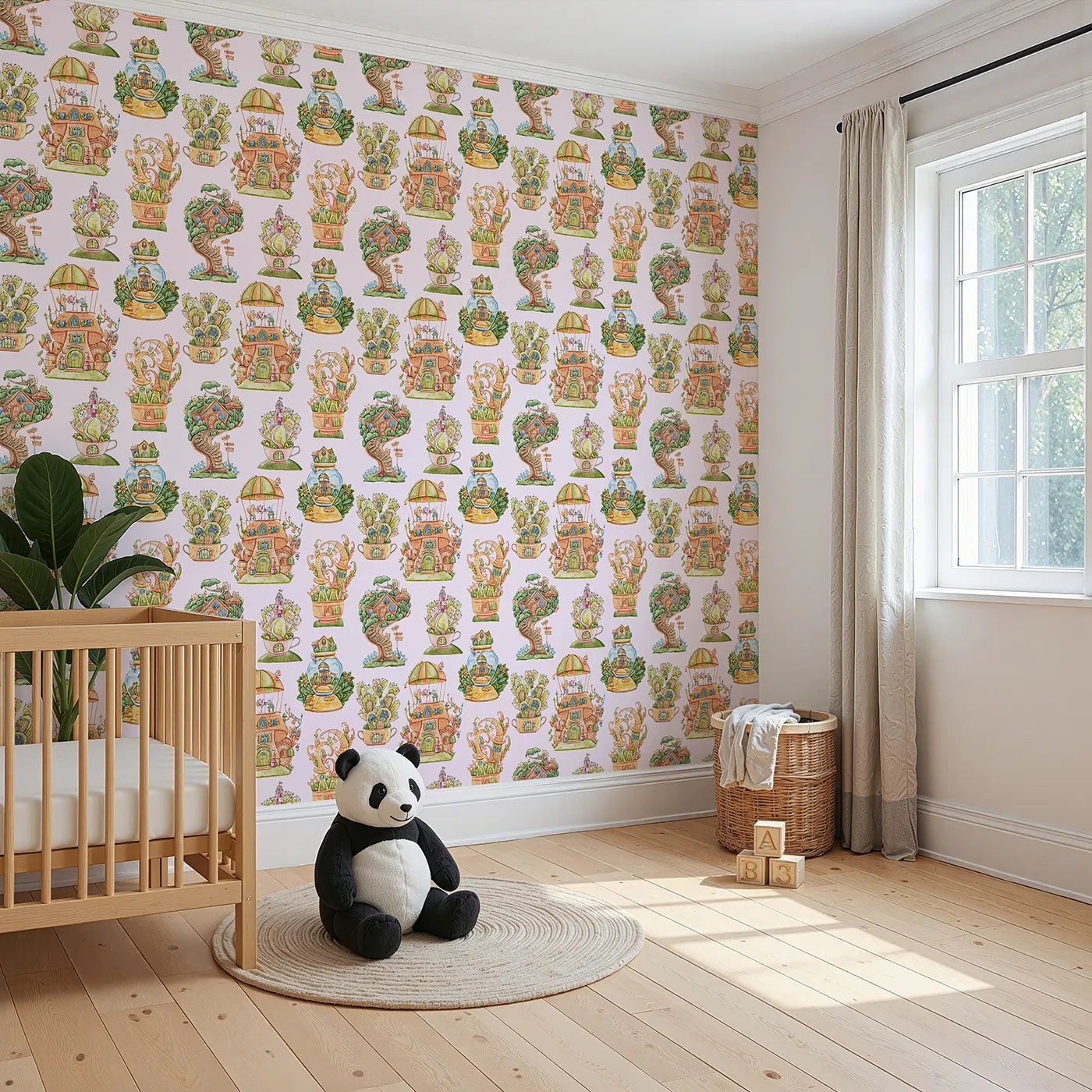 Angled view of Whimsy Tots' Curious Critter Village Wallpaper in Blush Pink (W3388B).Whimsical towers and tiny animal homes bloom across a blush pink sky.
