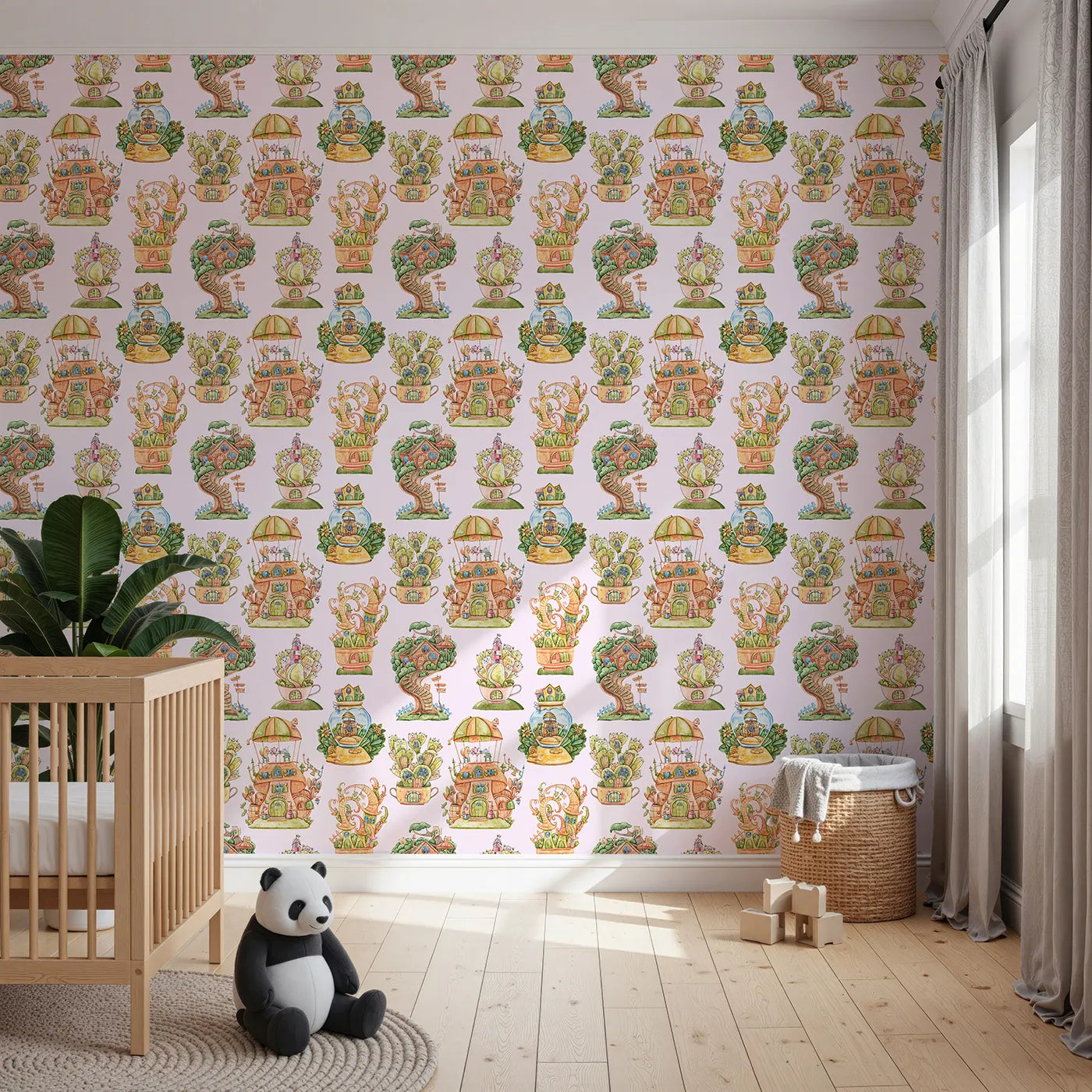 Front view of Whimsy Tots' Curious Critter Village Wallpaper in Blush Pink