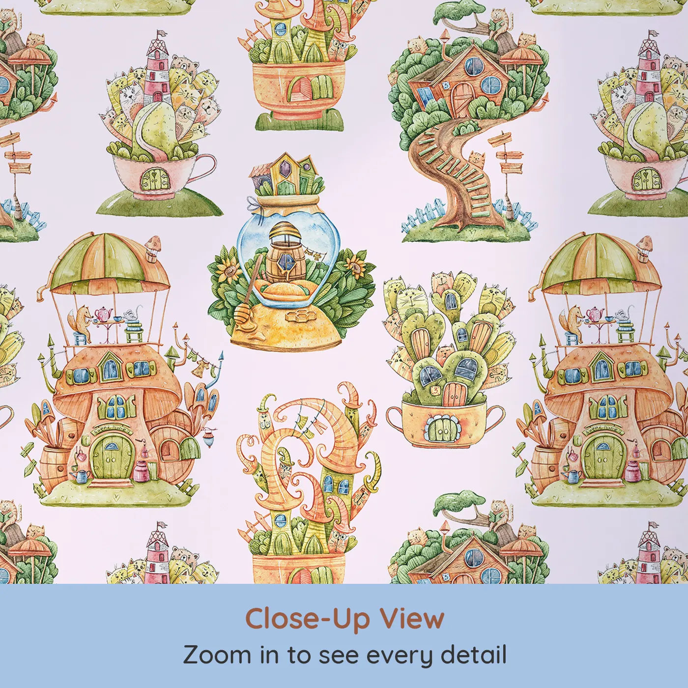 Close-up view of Whimsy Tots' Curious Critter Village Wallpaper in Blush Pink (W3388B).Whimsical towers and tiny animal homes bloom across a blush pink sky.
