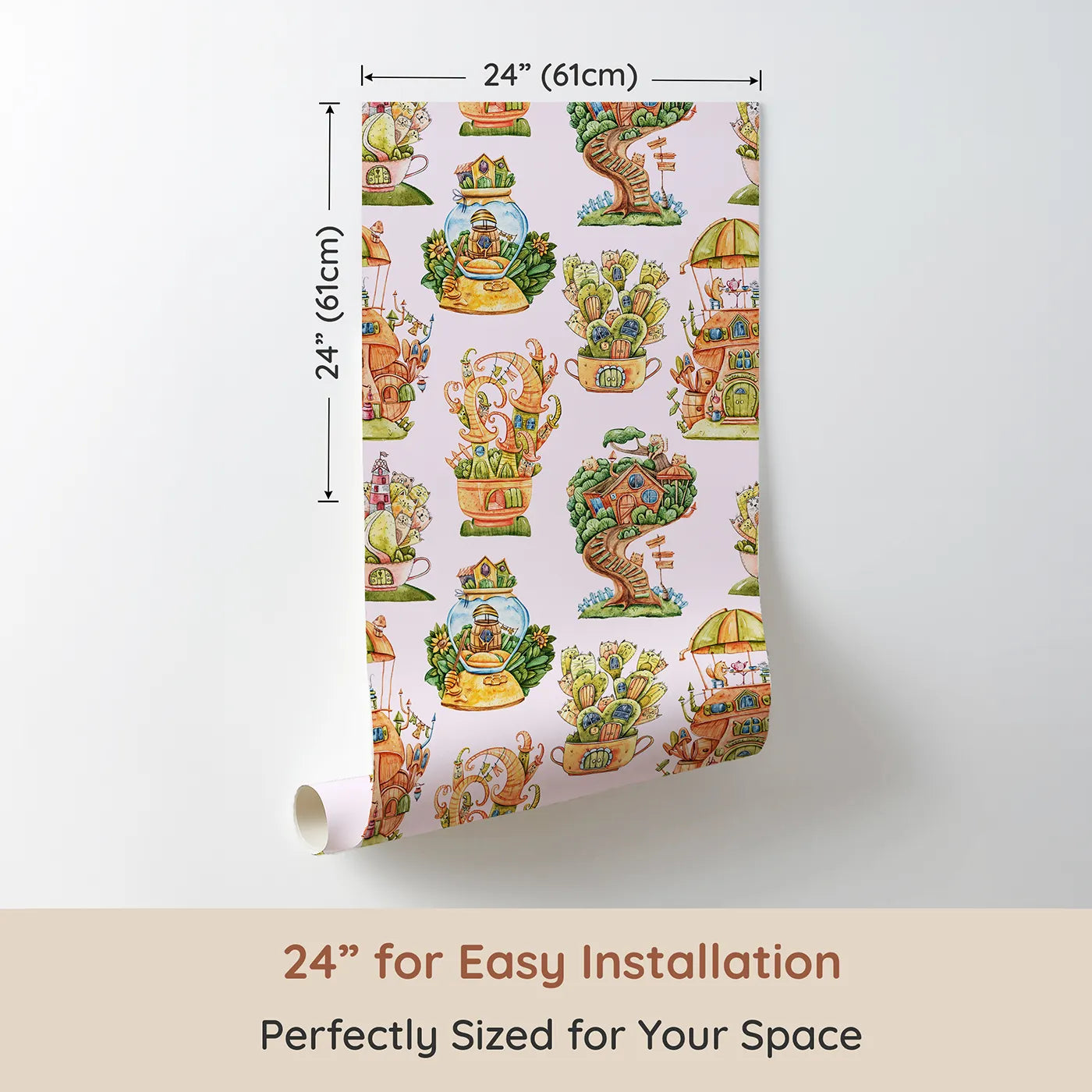 Dimension view of Whimsy Tots Curious Critter Village Wallpaper in Blush Pink (W3388B). Printed in 24-inch-wide panel for easy installation. Whimsical towers and tiny animal homes bloom across a blush pink sky.