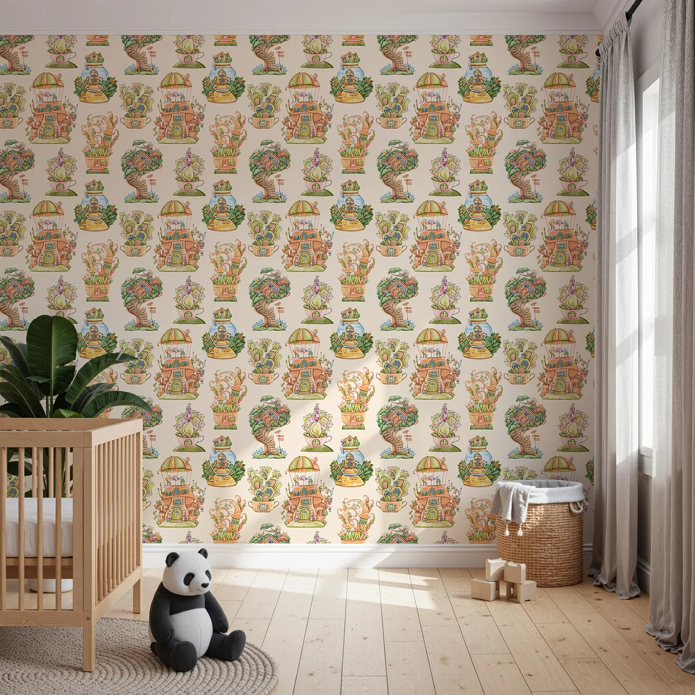 Front view of Whimsy Tots' Curious Critter Village Wallpaper in Beige
