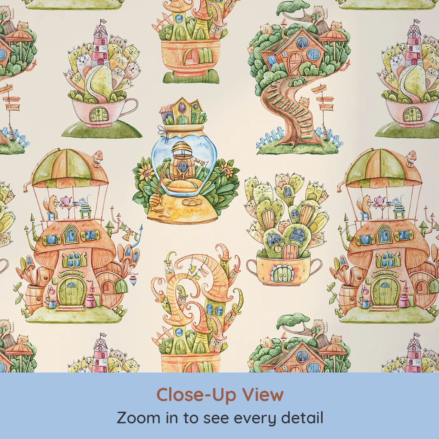 Close-up view of Whimsy Tots' Curious Critter Village Wallpaper in Beige (W3388C).Cactus homes and honey jars nestle under a cozy beige sky.