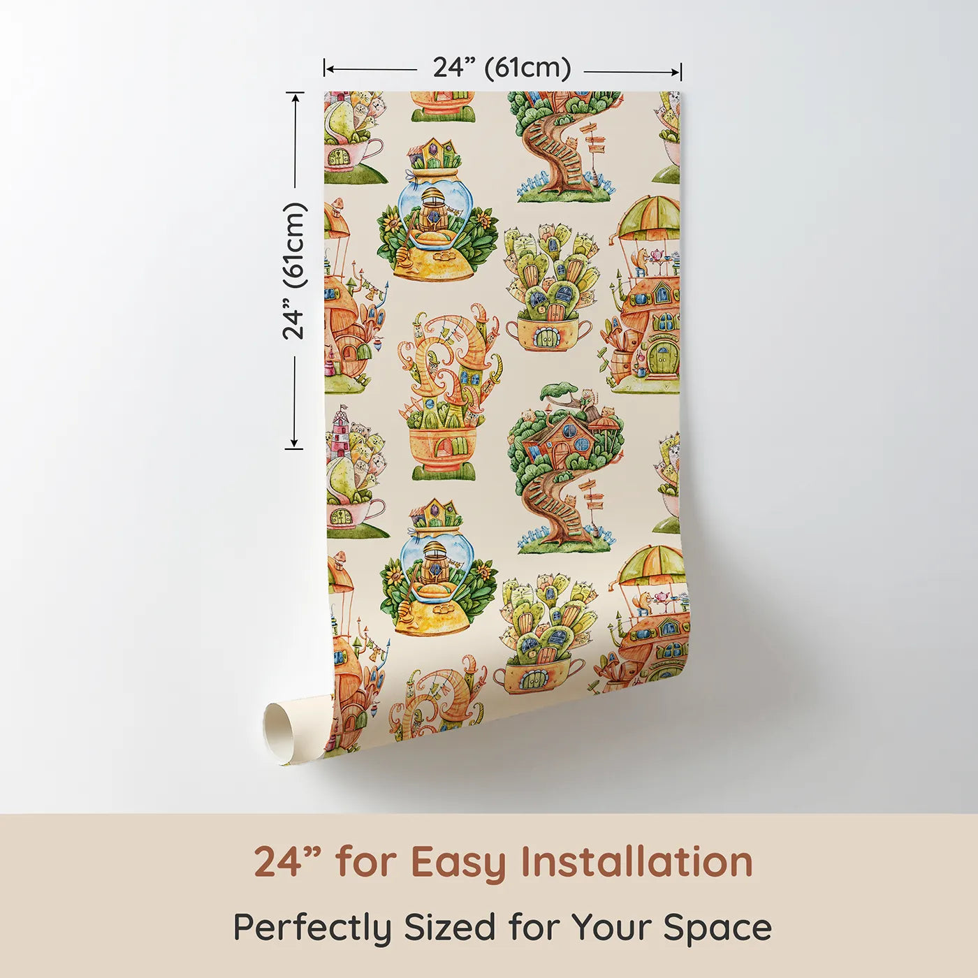 Dimension view of Whimsy Tots Curious Critter Village Wallpaper in Beige (W3388C). Printed in 24-inch-wide panel for easy installation. Cactus homes and honey jars nestle under a cozy beige sky.