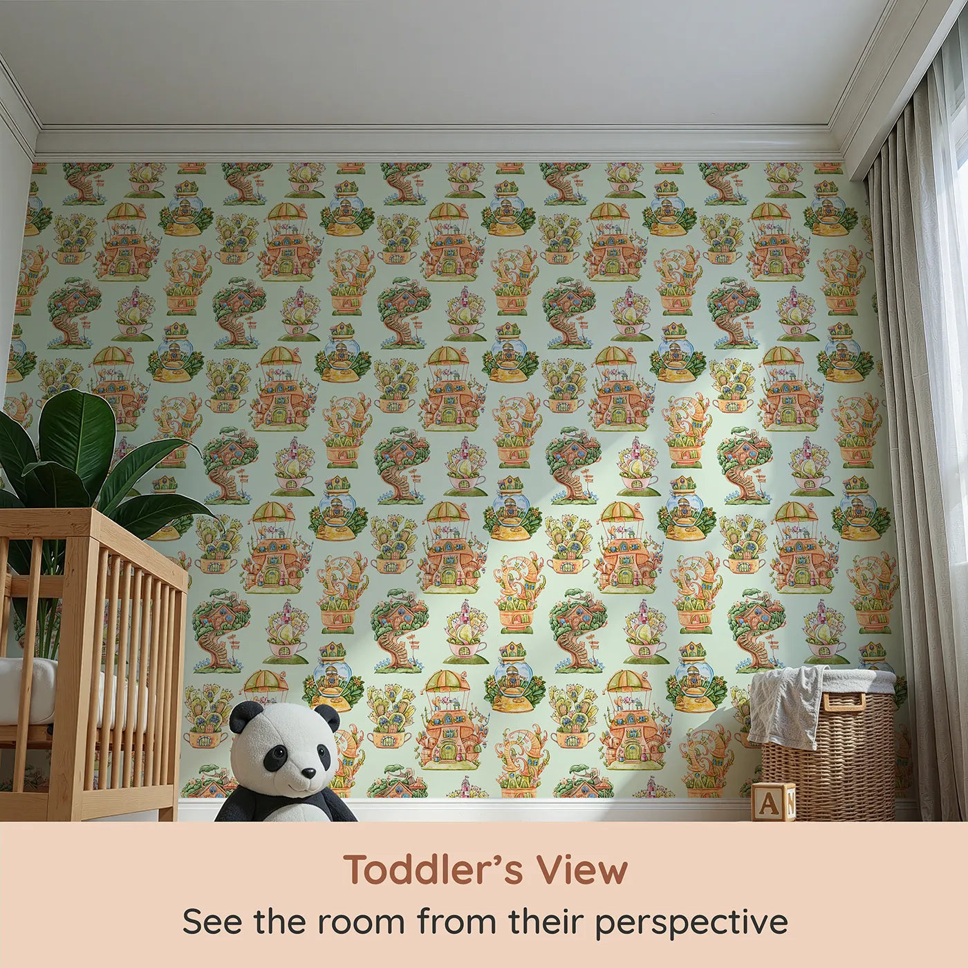 Whimsy Tots Curious Critter Village Wallpaper in Green (W3388D) from your child's view.Tiny critter homes peek out from leaves, cups, and trees on a soft green sky.
