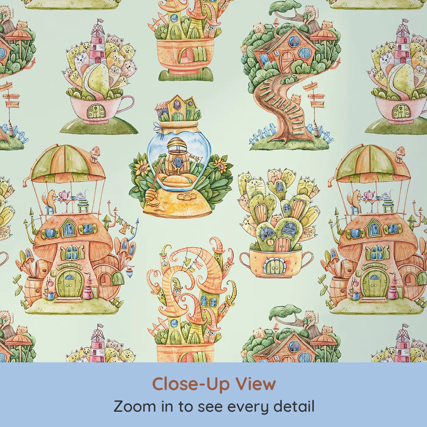 Close-up view of Whimsy Tots' Curious Critter Village Wallpaper in Green (W3388D).Tiny critter homes peek out from leaves, cups, and trees on a soft green sky.