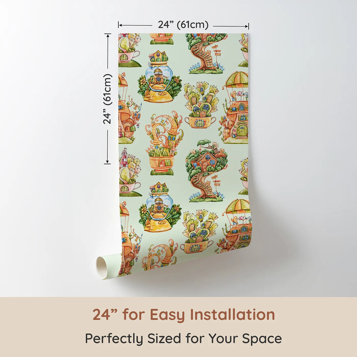 Dimension view of Whimsy Tots Curious Critter Village Wallpaper in Green (W3388D). Printed in 24-inch-wide panel for easy installation. Tiny critter homes peek out from leaves, cups, and trees on a soft green sky.