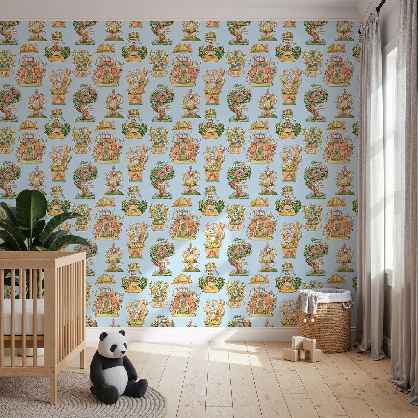 Front view of Whimsy Tots' Curious Critter Village Wallpaper in Blue
