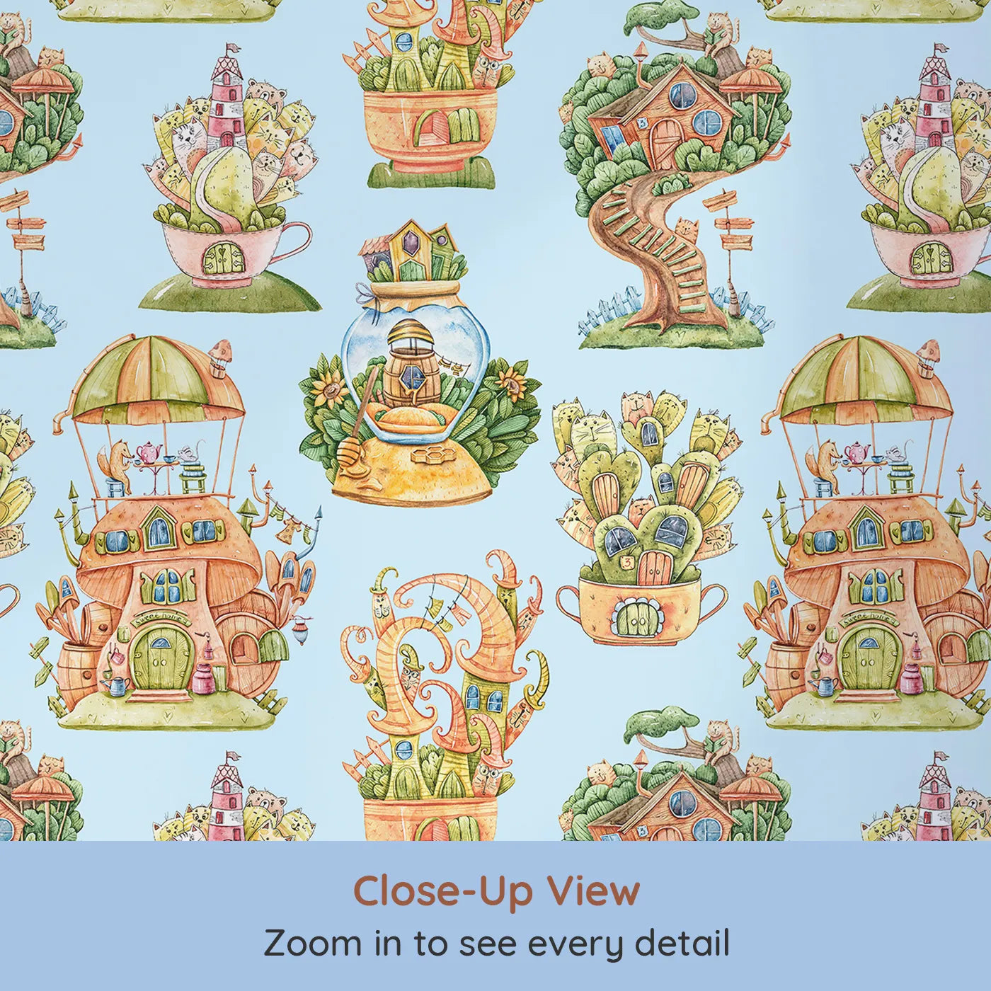 Close-up view of Whimsy Tots' Curious Critter Village Wallpaper in Blue (W3388E).Teacup houses and curious cats dance across a soft blue sky.