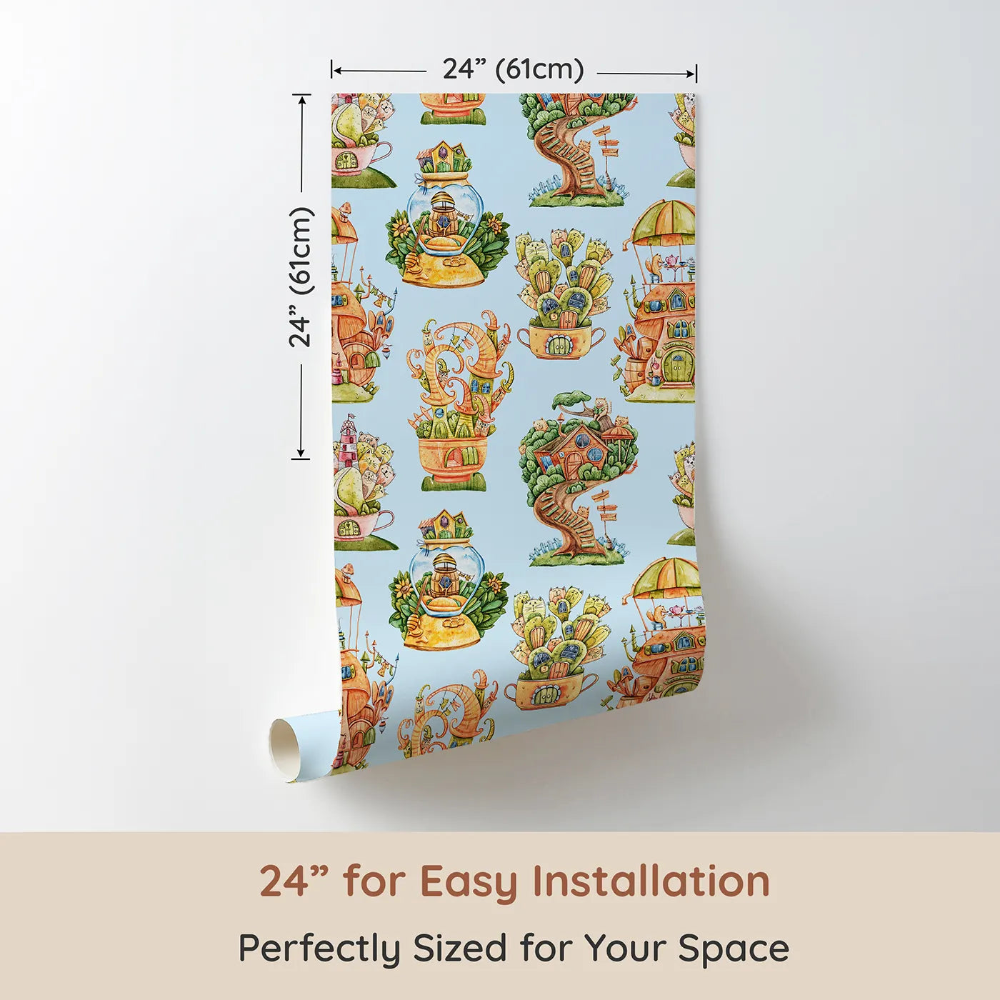 Dimension view of Whimsy Tots Curious Critter Village Wallpaper in Blue (W3388E). Printed in 24-inch-wide panel for easy installation. Teacup houses and curious cats dance across a soft blue sky.