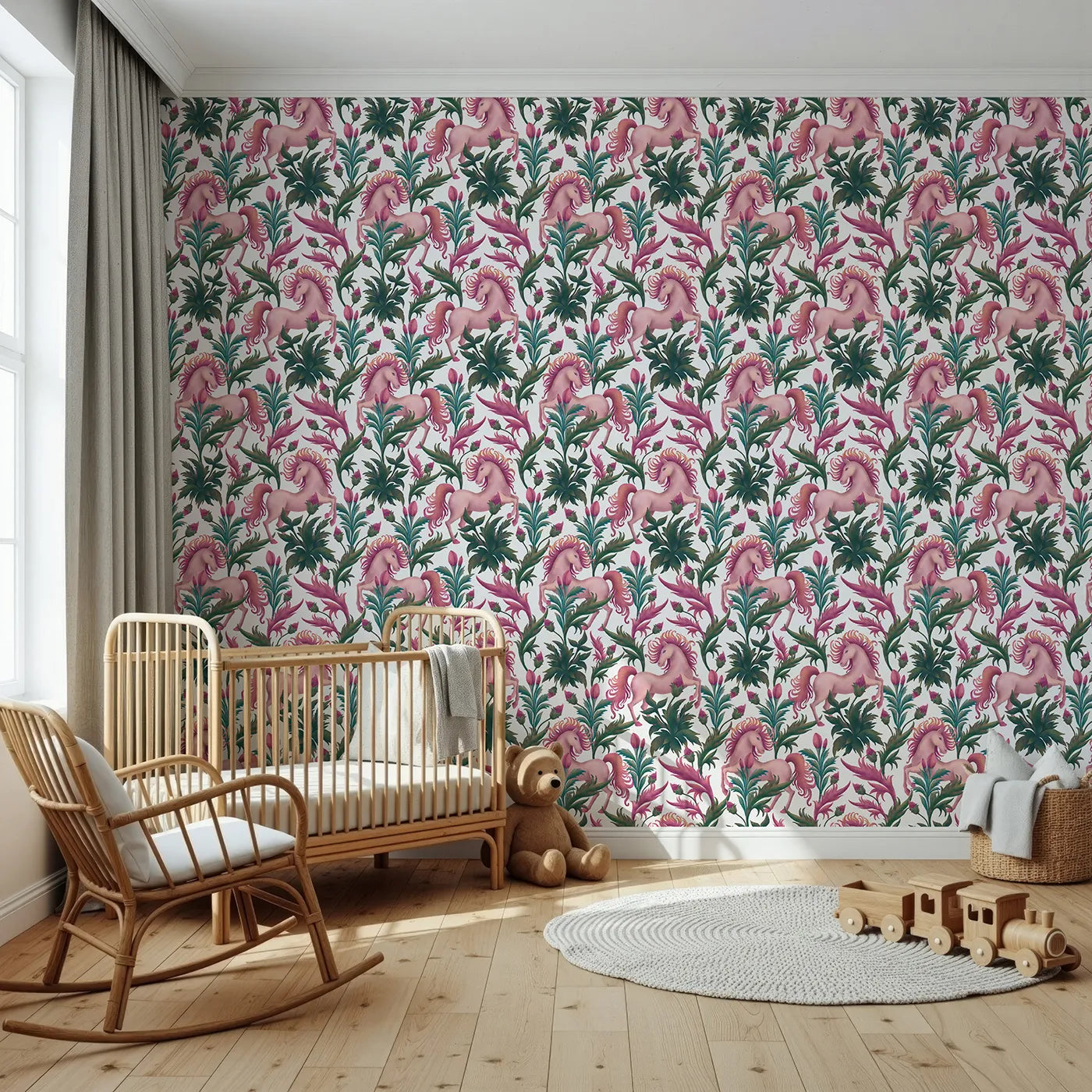 Front view of Whimsy Tots' Enchanted Meadow Prance Wallpaper in White