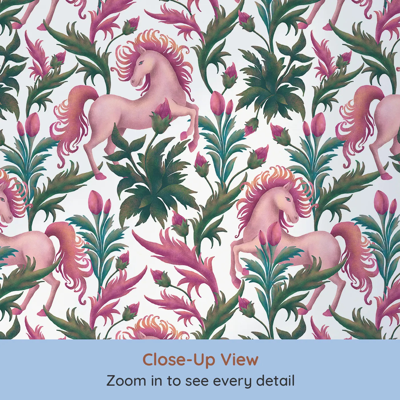 Close-up view of Whimsy Tots' Enchanted Meadow Prance Wallpaper in White (W3389A).Graceful unicorns and blooming florals swirl across a crisp white sky.
