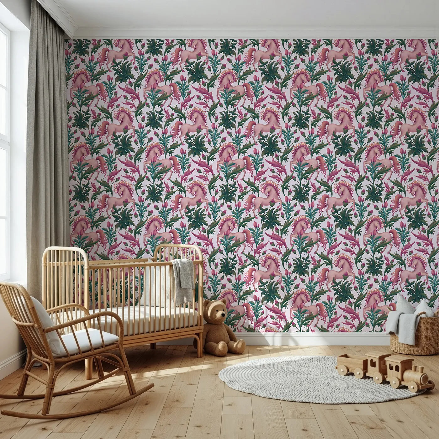 Front view of Whimsy Tots' Enchanted Meadow Prance Wallpaper in Blush Pink