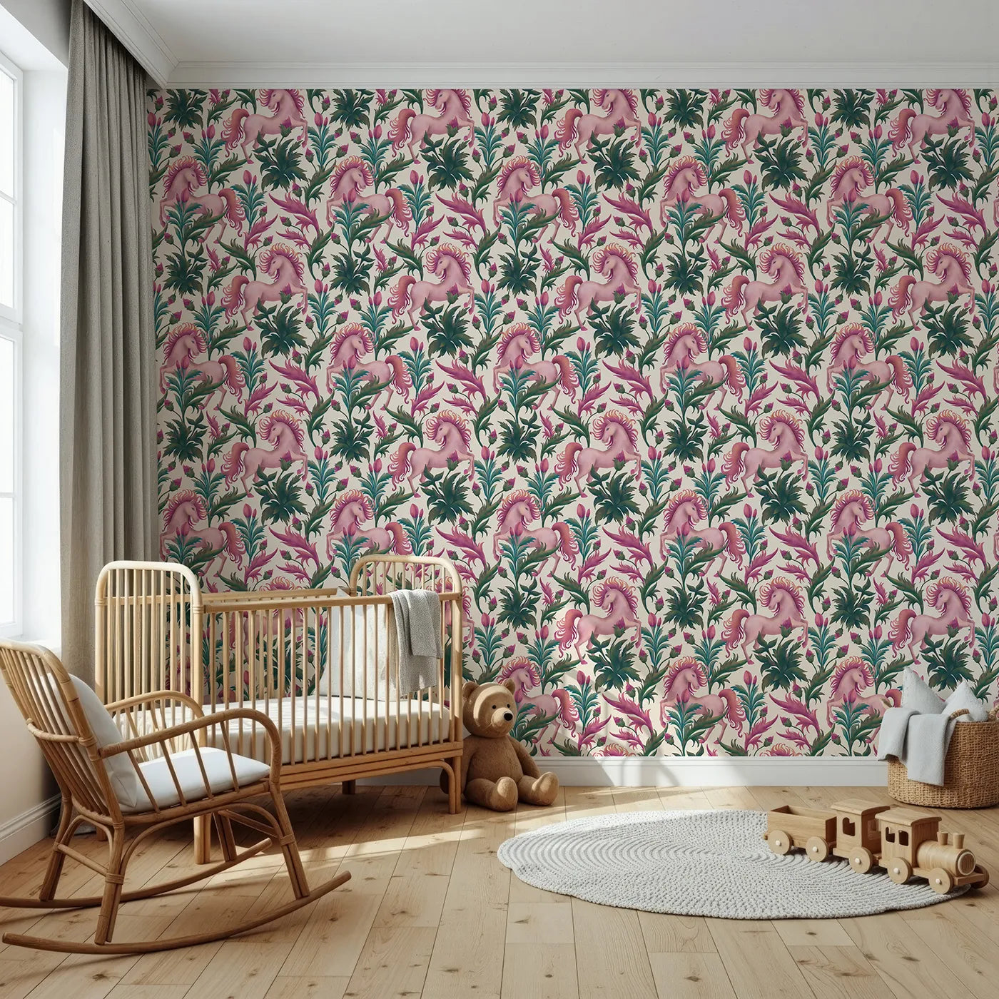 Front view of Whimsy Tots' Enchanted Meadow Prance Wallpaper in Beige