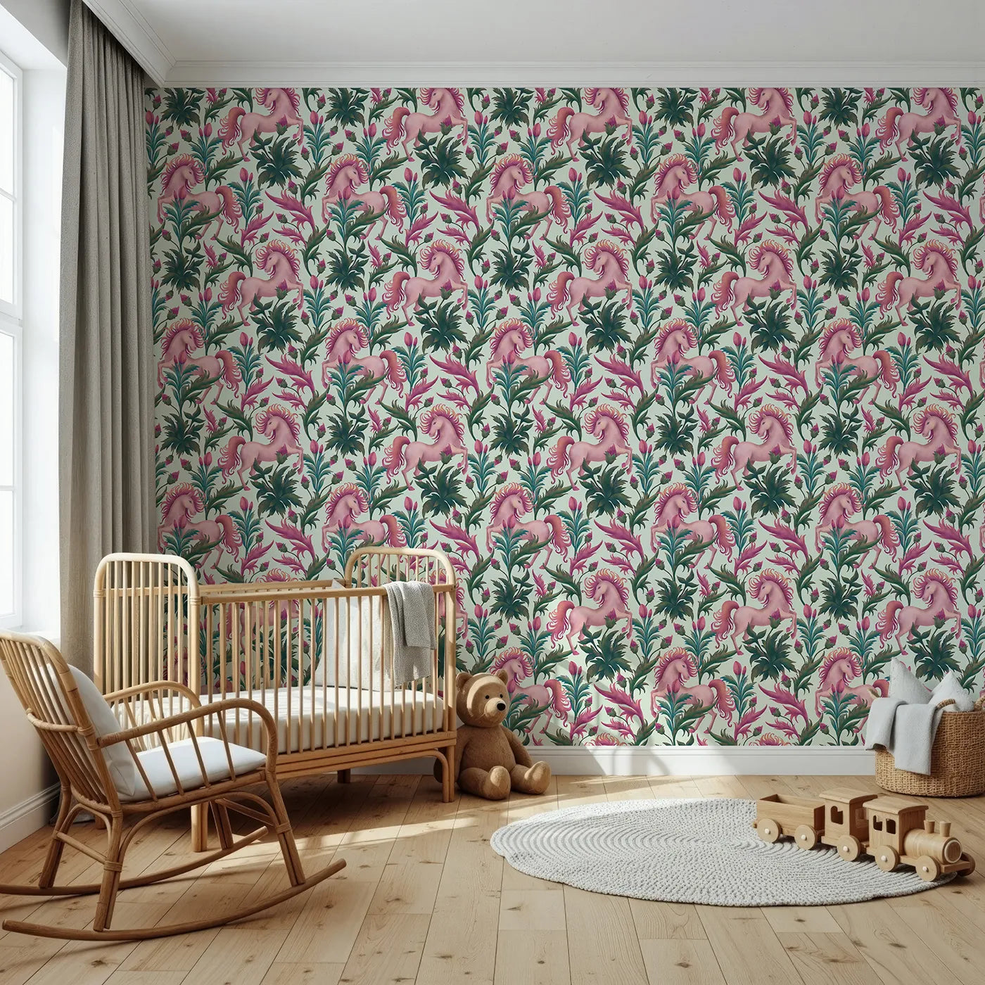 Front view of Whimsy Tots' Enchanted Meadow Prance Wallpaper in Mint Green