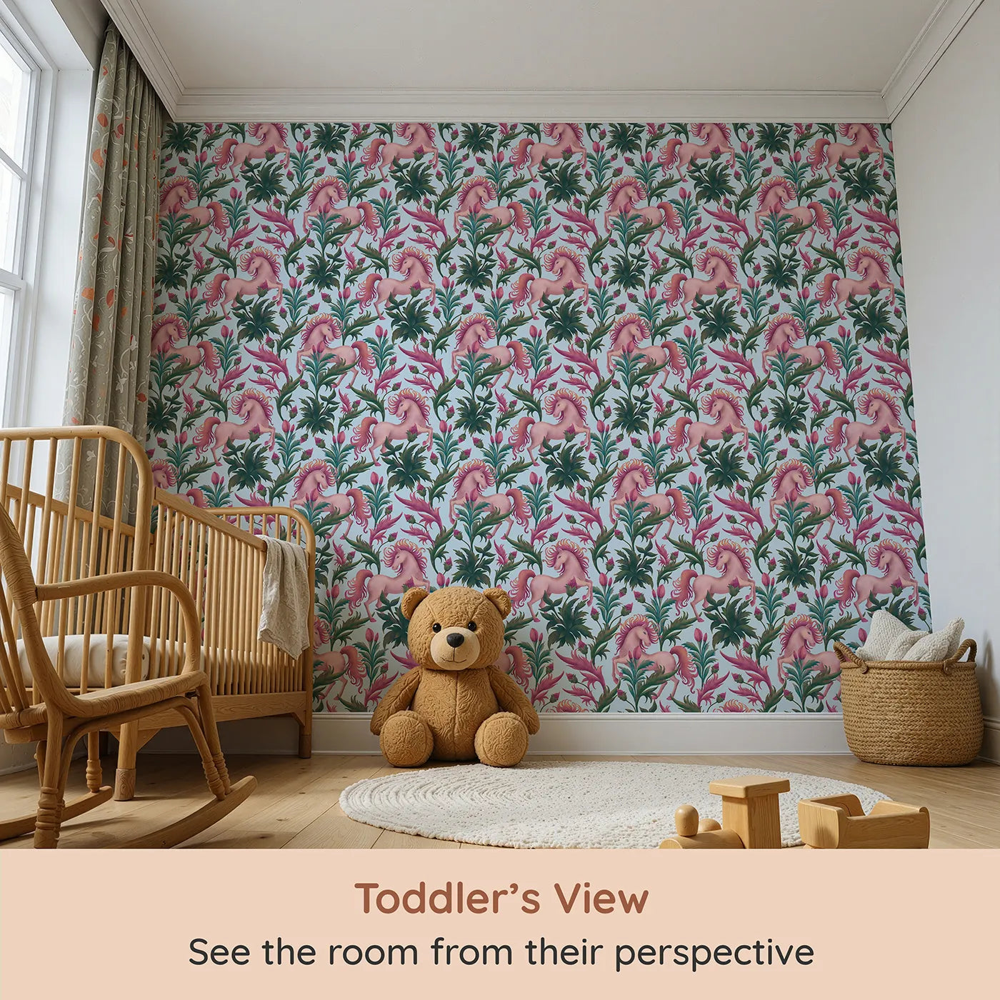 Whimsy Tots Enchanted Meadow Prance Wallpaper in Blue (W3389E) from your child's view.Unicorns leap through florals on a soft blue sky full of wonder.