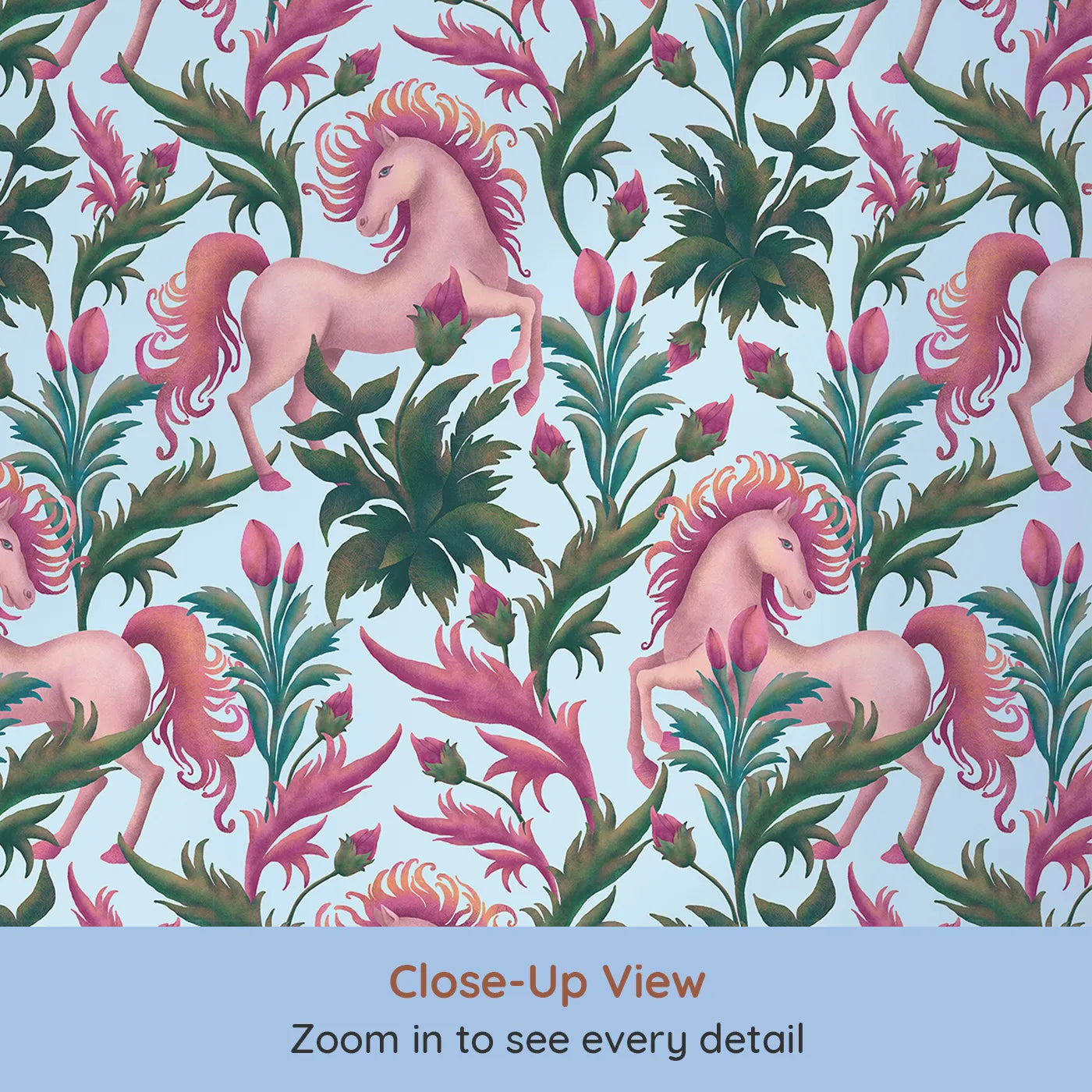 Close-up view of Whimsy Tots' Enchanted Meadow Prance Wallpaper in Blue (W3389E).Unicorns leap through florals on a soft blue sky full of wonder.