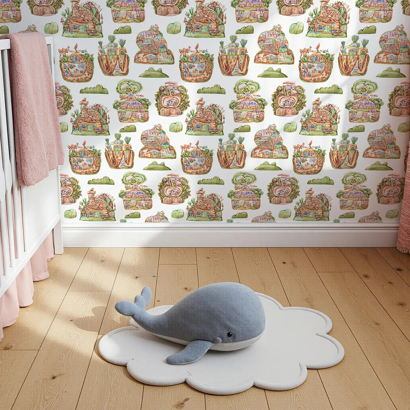 Top-Down view of Whimsy Tots' Secret Garden Cutaway Homes Wallpaper in White (W3390A).Underground homes, treehouses, and cozy critter cottages bloom across a white sky.