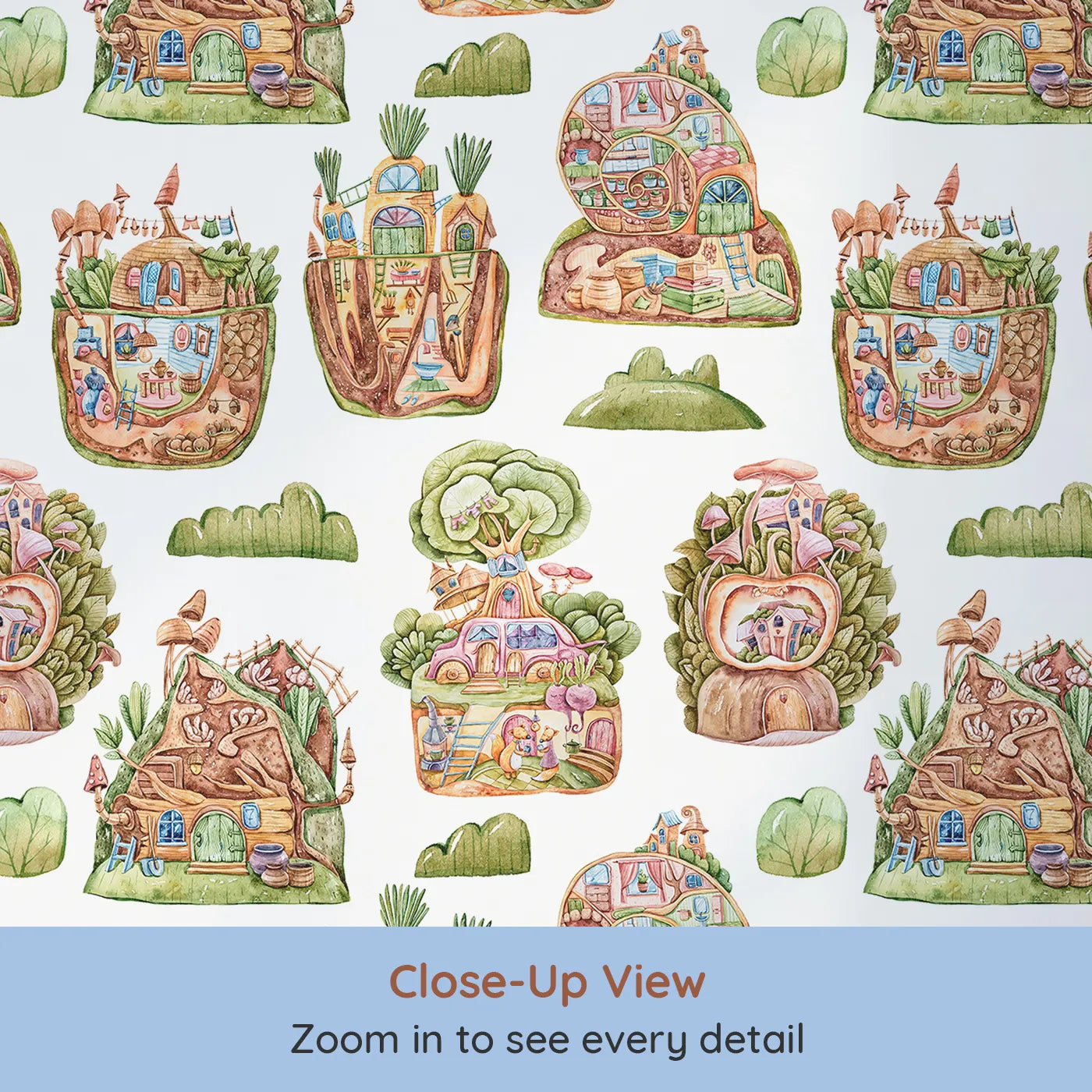 Close-up view of Whimsy Tots' Secret Garden Cutaway Homes Wallpaper in White (W3390A).Underground homes, treehouses, and cozy critter cottages bloom across a white sky.